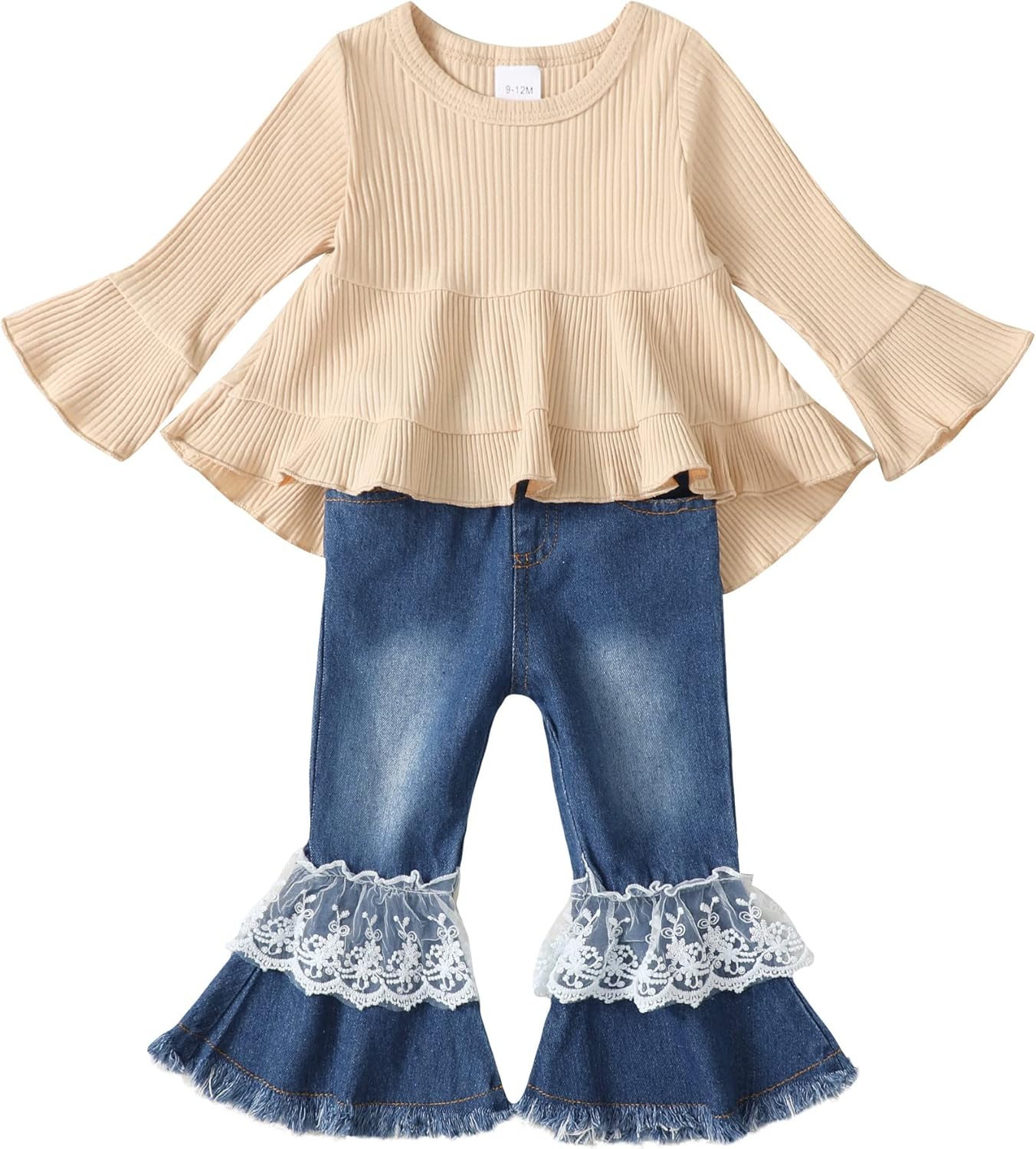XUANHAO Baby Girl Clothes 12 18 24 Months Outfits For Infant Toddler Denim Girls' Clothing Ruffle Top Ripped Jeans Pant Sets