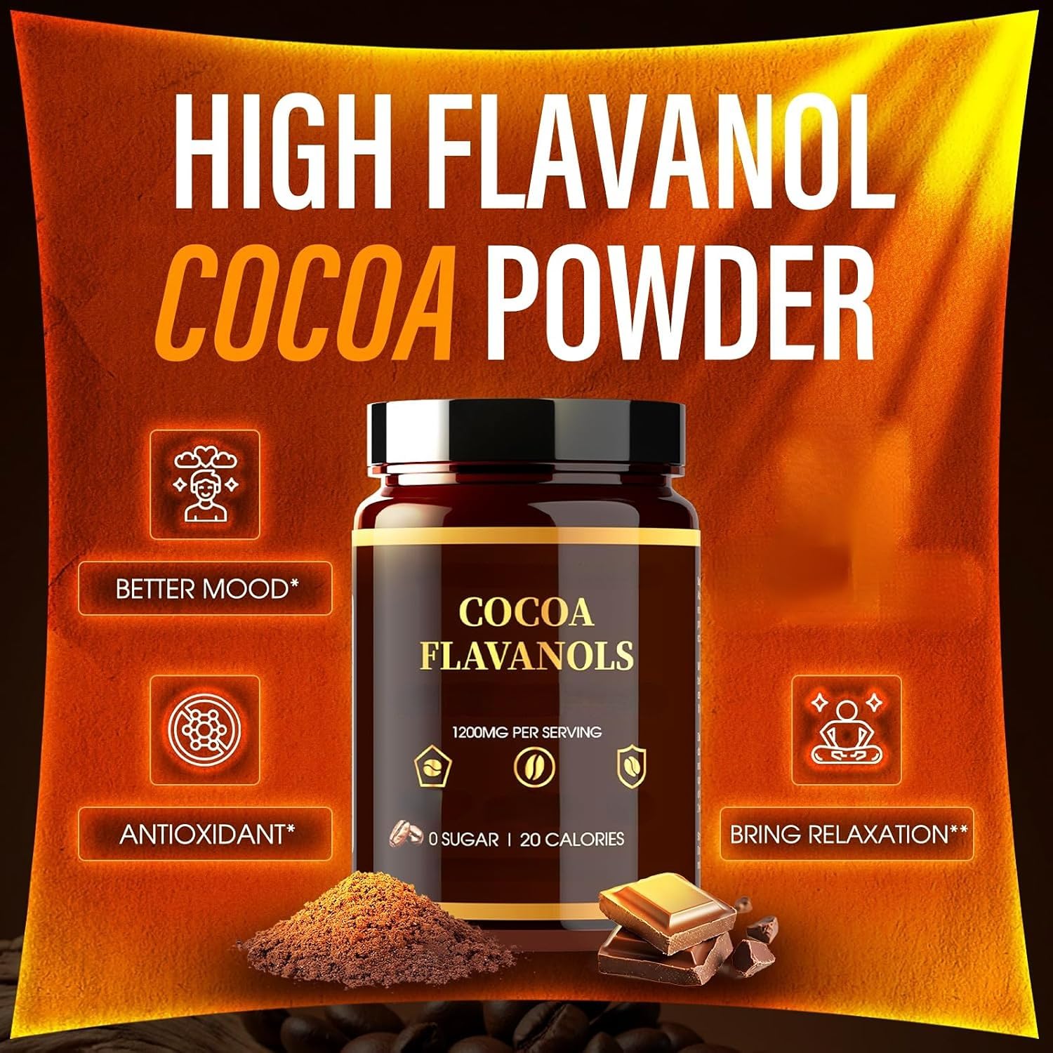 Cacao en Polvo con Alto Contenido de Flavanoles, 1200 mg, Aumenta la Energía Diaria, 2 Piezas