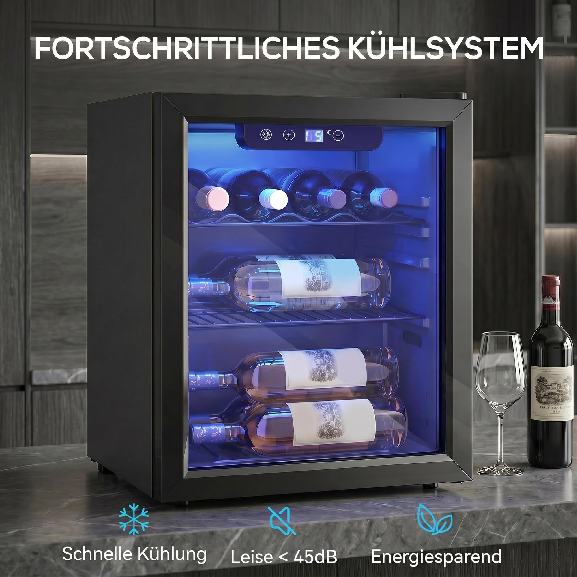HOMCOM Nevera para vino (16 botellas, 48 L), color negro | Frigorífico para bebidas, 4-16 °C, puerta de doble cristal, iluminación LED, pantalla LED, Wine Fridge