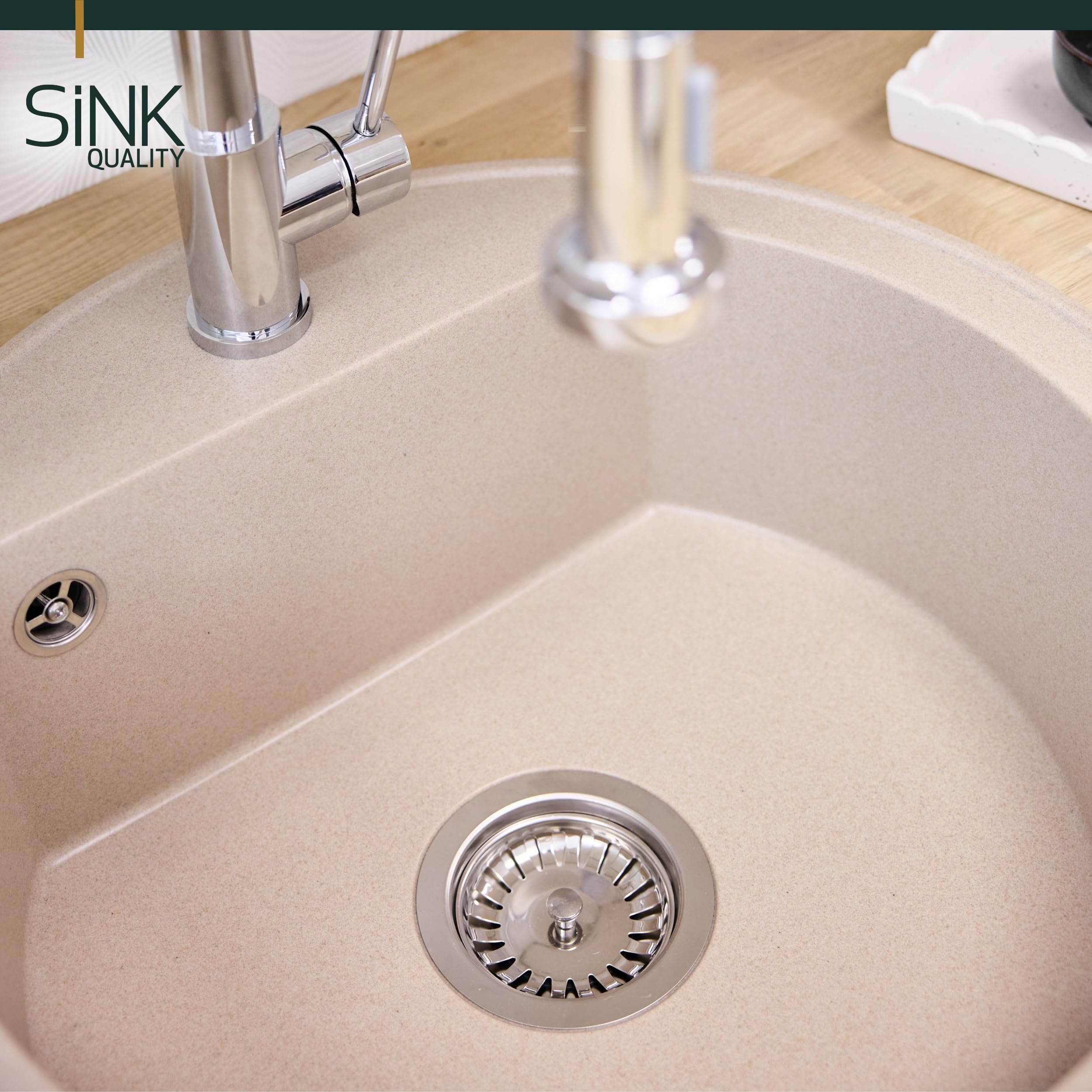 SINK QUALITY Évier rond beige Ø 51 cm – Siphon et imprégnant inclus – Évier de cuisine rond en granit – Évier en granit beige pour armoires basses à partir de 55 cm de largeur – Évier encastrable en