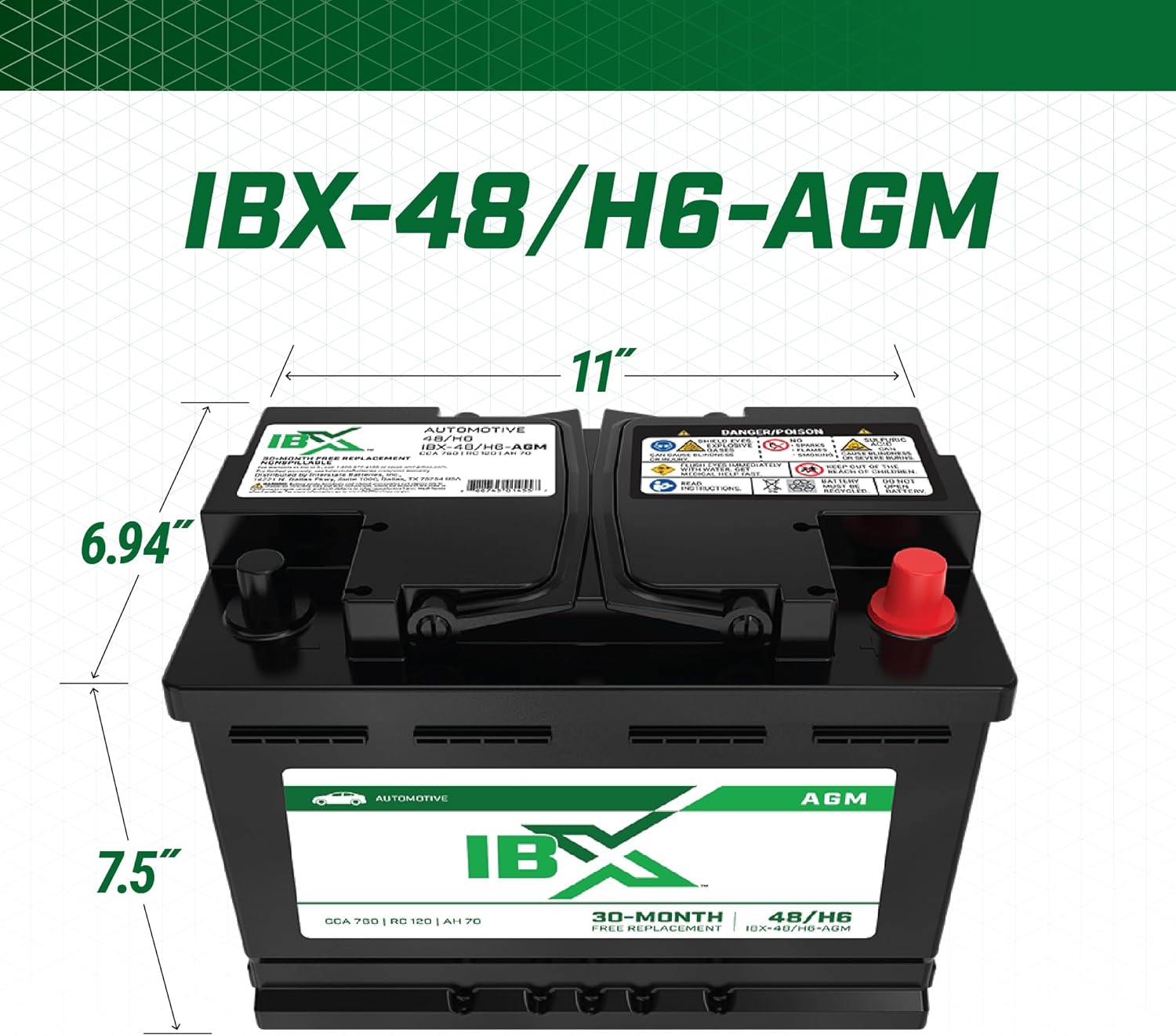 Interstate Batteries IBX Automotive Battery 12V 70Ah (Group Size H6, 48) 760CCA SLI AGM Auto Replacement Battery for Cars, SUVs, Sedans, Trucks (IBX-48/H6-AGM)