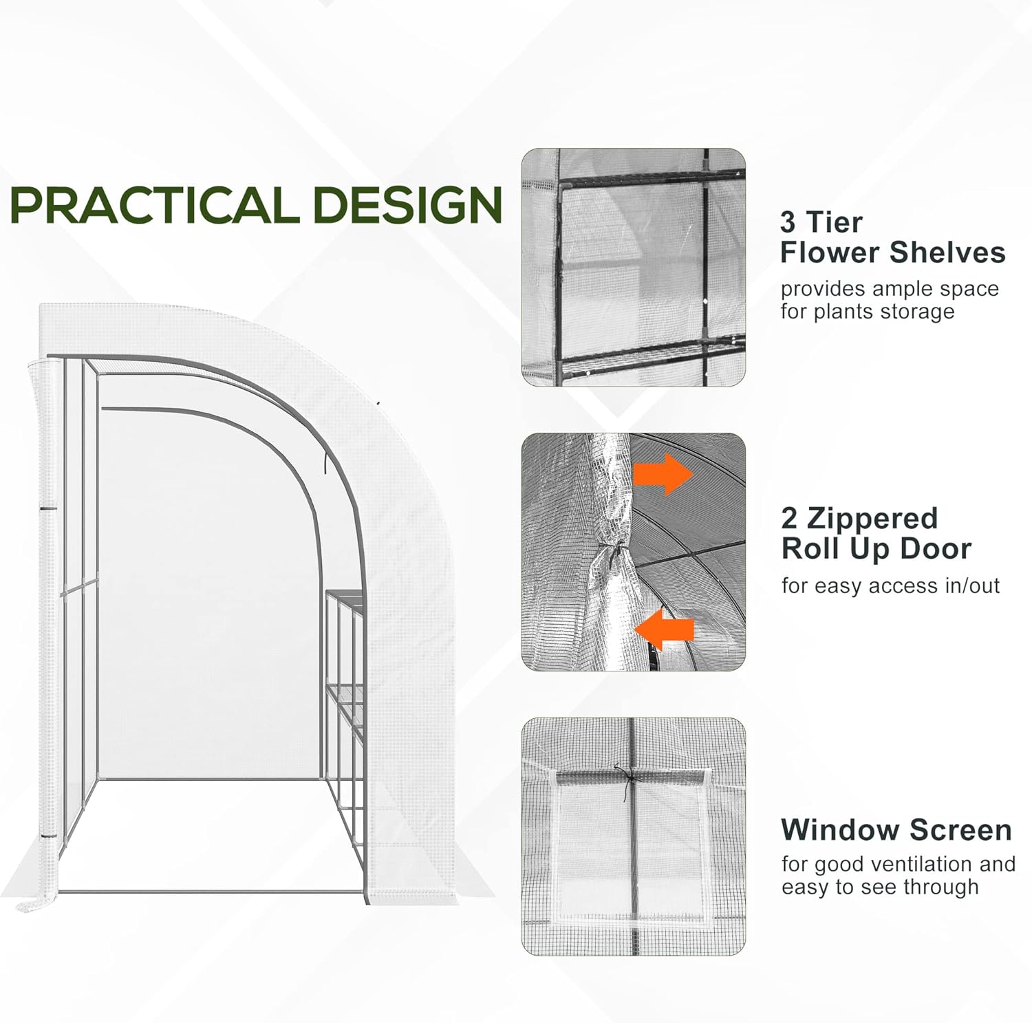 Outsunny 10' x 5' x 7' Lean to Greenhouse, Walk-in Green House, Plant Nursery with 2 Roll-up Doors and Windows, PE Cover and 3 Wire Shelves, White