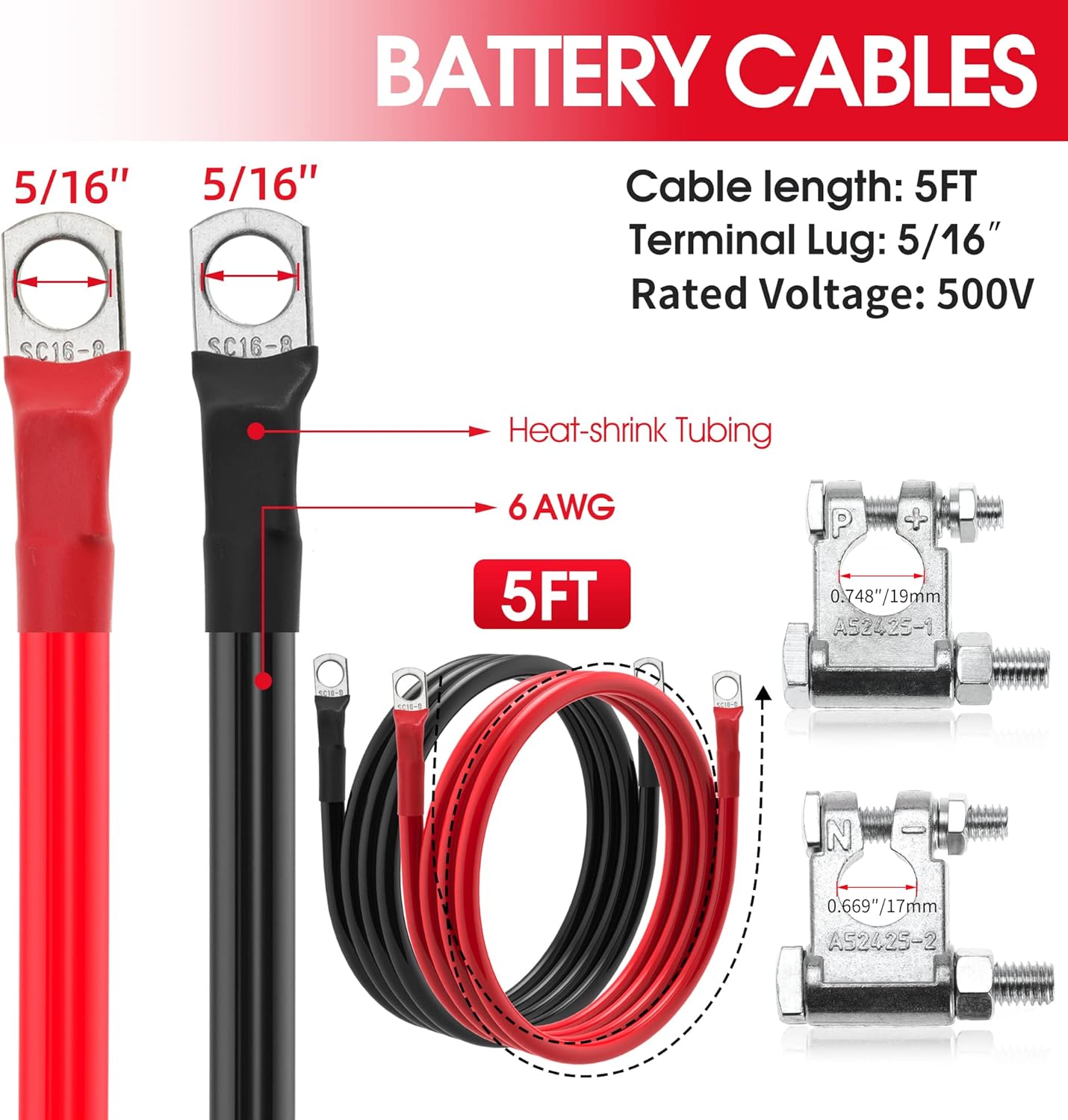 6 AWG Battery Cable 6 Gauge Battery Wires with 5/16 terminals Power Inverter Cables for Solar Boat Marine RV Car (5FT, with 3/8"+5/16" Top Post Set)