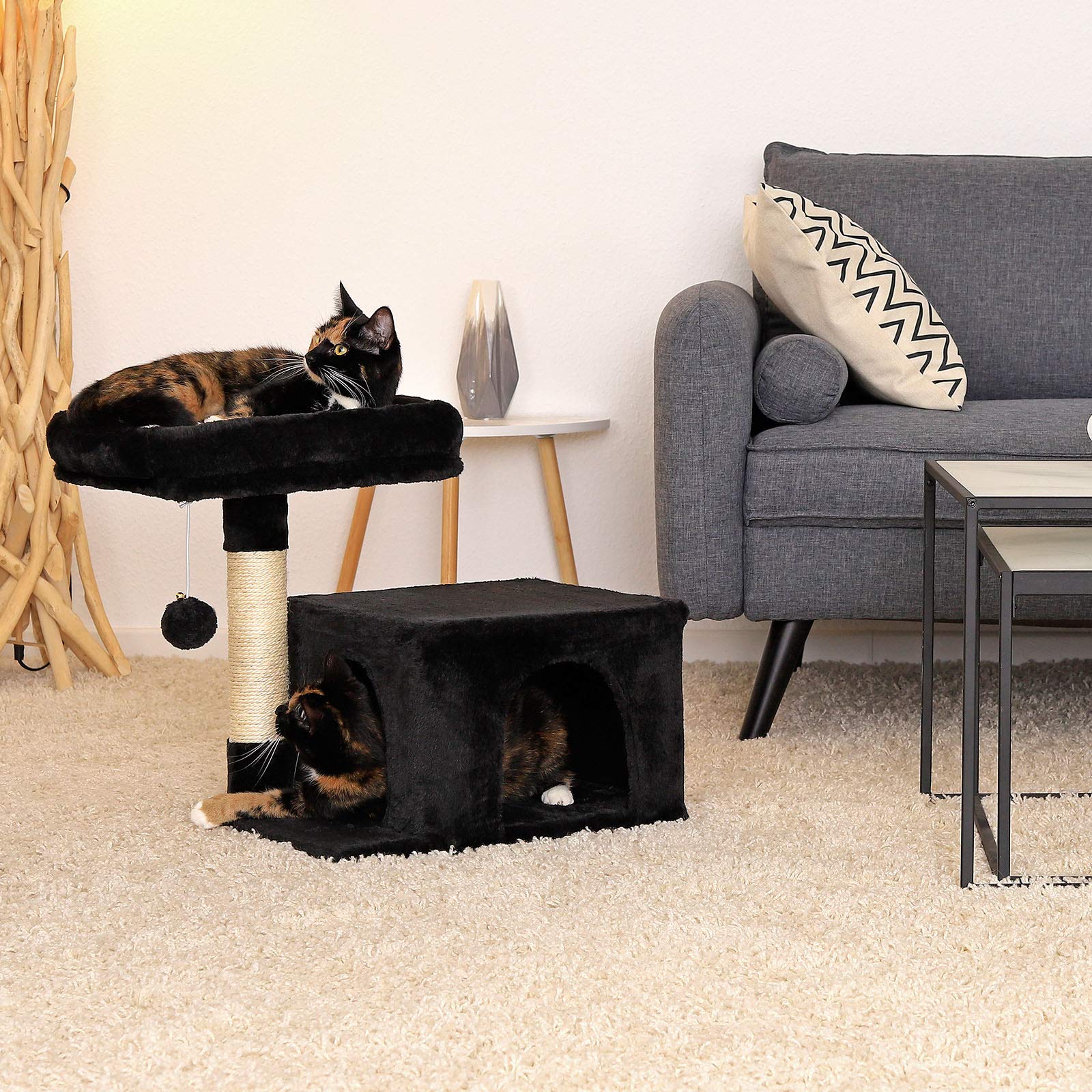 lionto Tiragraffi con Piattaforma, Grotta e Sisal, 50 cm, Nero | Tiragraffi piccolo per gatti con piattaforme, colonne in sisal ed elementi gioco per arrampicarsi, giocare e curare le unghie
