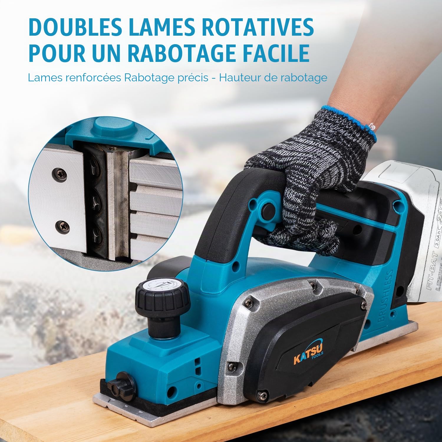 KATSU FIT-BAT Rabot Sans Fil 21V Brushless 82mm, Profondeur 2mm, Semelle Alu avec 3 Rainures en V, Lames Suppl., Sans Batterie ni Chargeur
