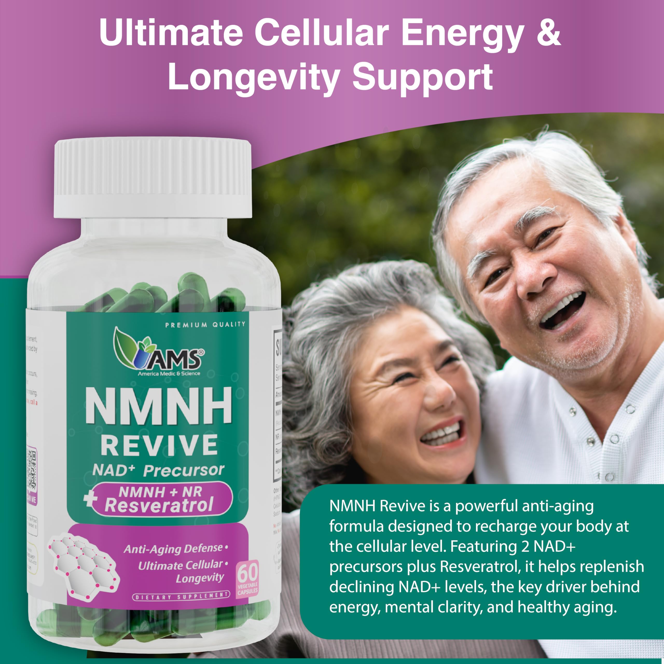AMS NMNH Revive NAD+ Precursor 60 Capsules - Advanced Cellular Energy & Anti-Ageing Supplement, NMN Booster for Vitality, Longevity Support & Healthy Ageing, Two-Month Supply for Adults
