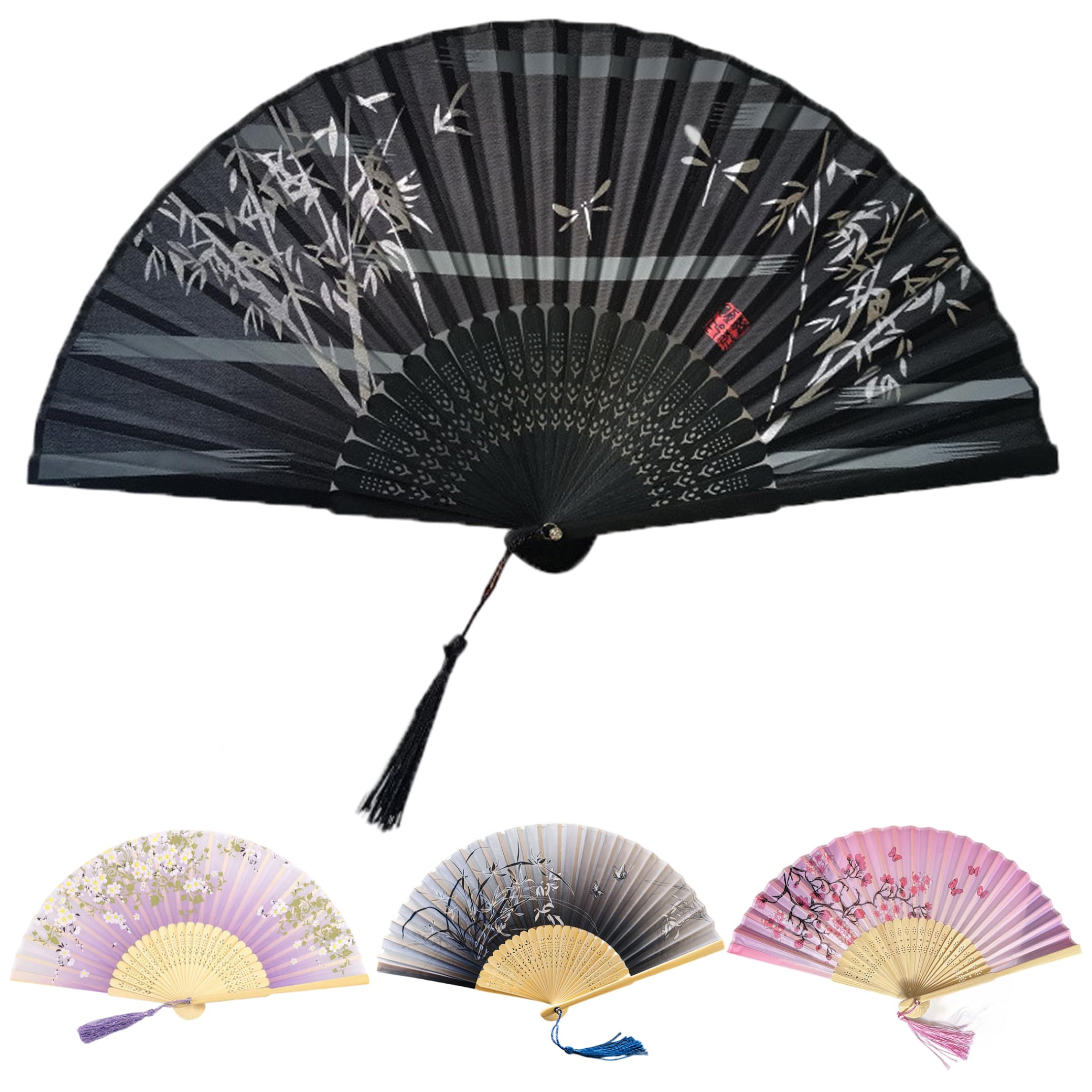 Silk Hand Fans Foldable, 4-Pack Handheld Folding Fan with Bamboo Frames