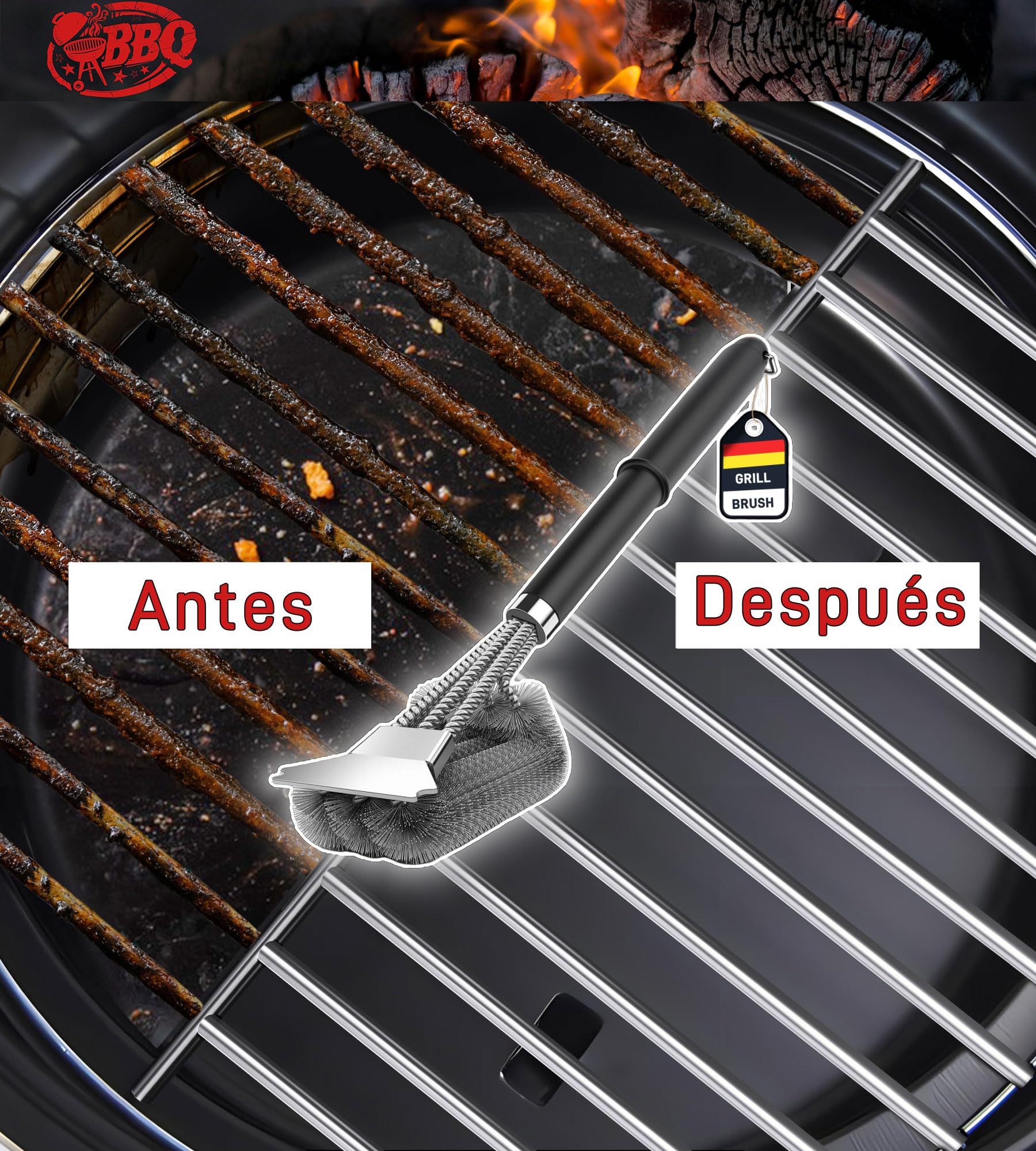 Cepillo de Barbacoa 3 en 1 con Cerdas de Alambre de Acero Inoxidable para Carbón Vegetal y Parrilla Eléctrica al Aire Libre - Jardín, Camping - Cepillo de Limpieza para BBQ