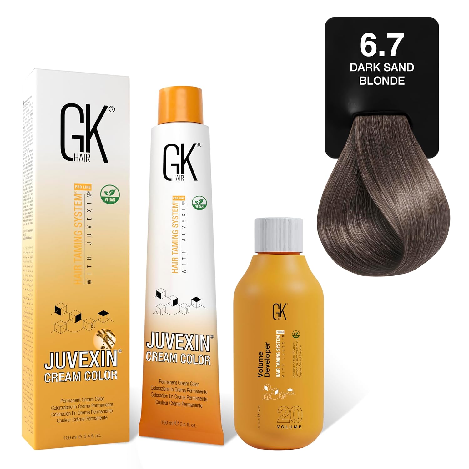 GK HAIR Global Keratin Sand 8.7 Light Blonde Hair Color Cream Tube (3.4 Fl Oz/100ml) + 20 Volume Developer (5 Fl Oz/150ml) - Professional Permanent Long Lasting Toner Dye