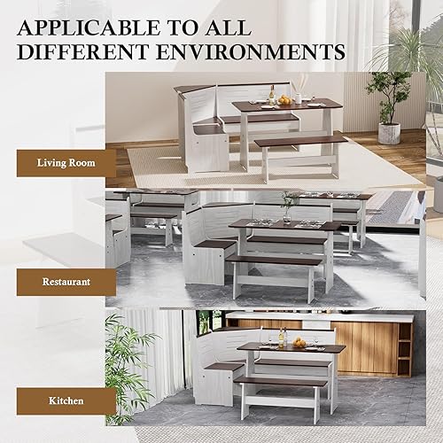 Miniatura 4 de Juego de mesa de comedor para rincón de desayuno – Rincón de desayuno estilo cabina con banco en L, juego de mesa de comedor de madera marrón claro