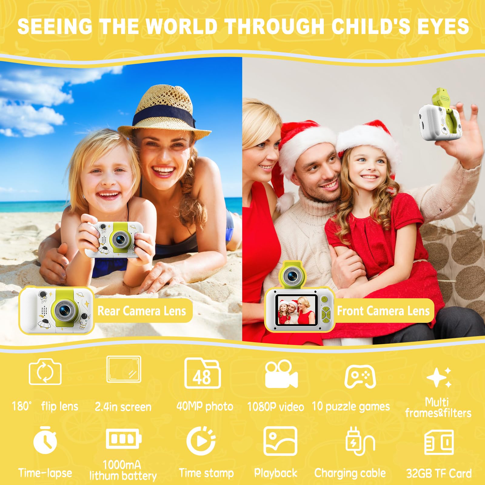 ARNSSIEN Giocattoli fotocamera bambini 3 4 5 6 7 8 9 10 11 12 anni ragazze/ragazzi, Macchina Fotografica Digitale, Regali bambini Natale e compleanni,Fotocamera selfie per bambini con scheda da 32 GB