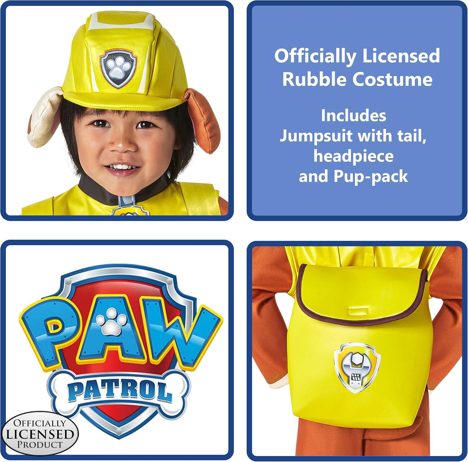 Rubies Toddler Paw Patrol Rubble Costume Jumpsuit, Headpiece, and Pup-Pack, As Shown, 4T