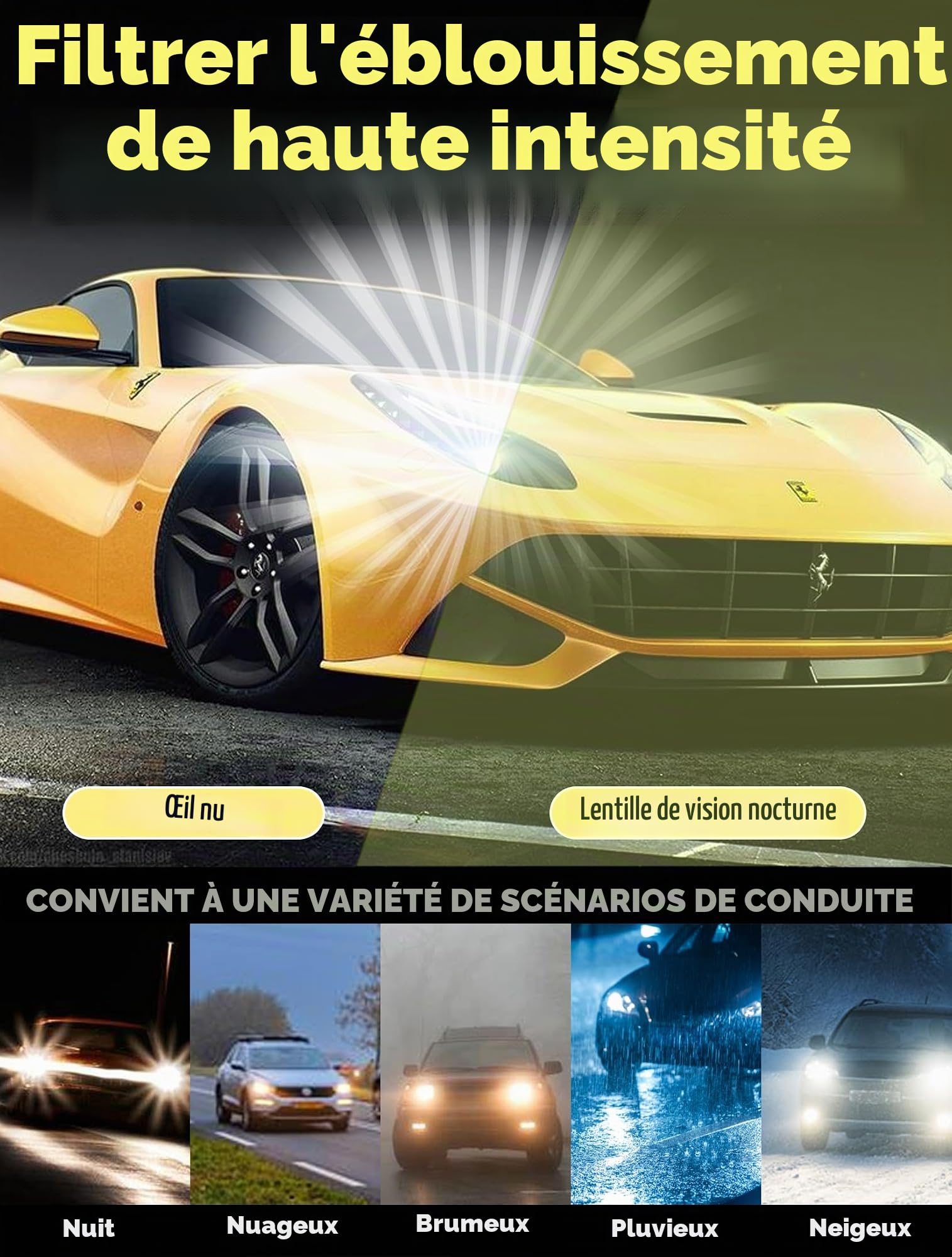Lunettes en Bois Homme Femmes: Protection UV400, Conduite | Réduit l'Éblouissement des Phares pour Pluie Brouillard - Verres Jaunes - Non Polarisées