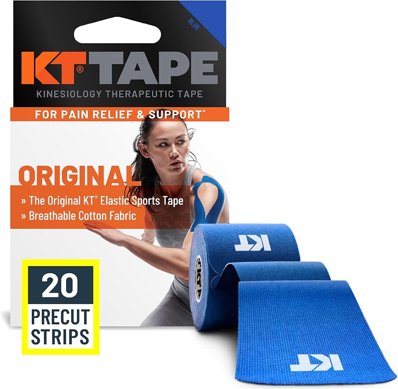 KT Tape, Original Cotton, Elastic Kinesiology Athletic Tape, 20 Count, 10” Precut Strips, Blue