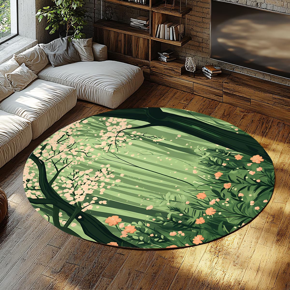 Tapis circulaire vert fleuri pour salon et cuisine ambiance forêt