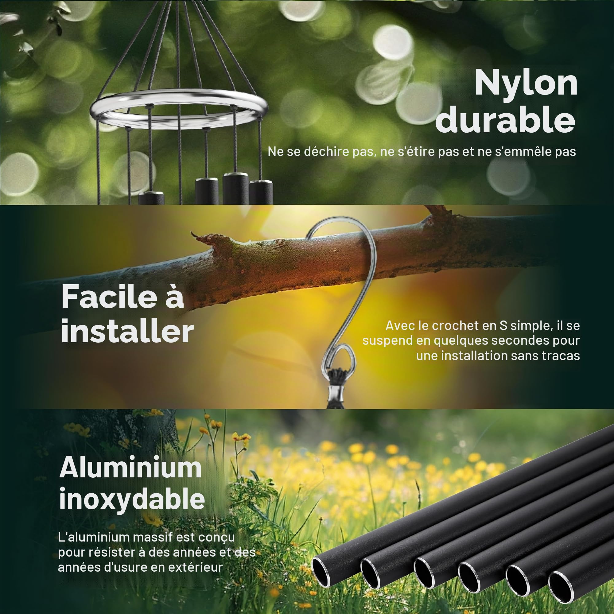 Nature's Melody Aureole Tunes Carillon à vent d'extérieur, 6 tubes, gamme pentatonique de Do, aluminium inoxydable, finition poudrée, crochet en S, pour condoléances, cadeau commémoratif, jardin zen