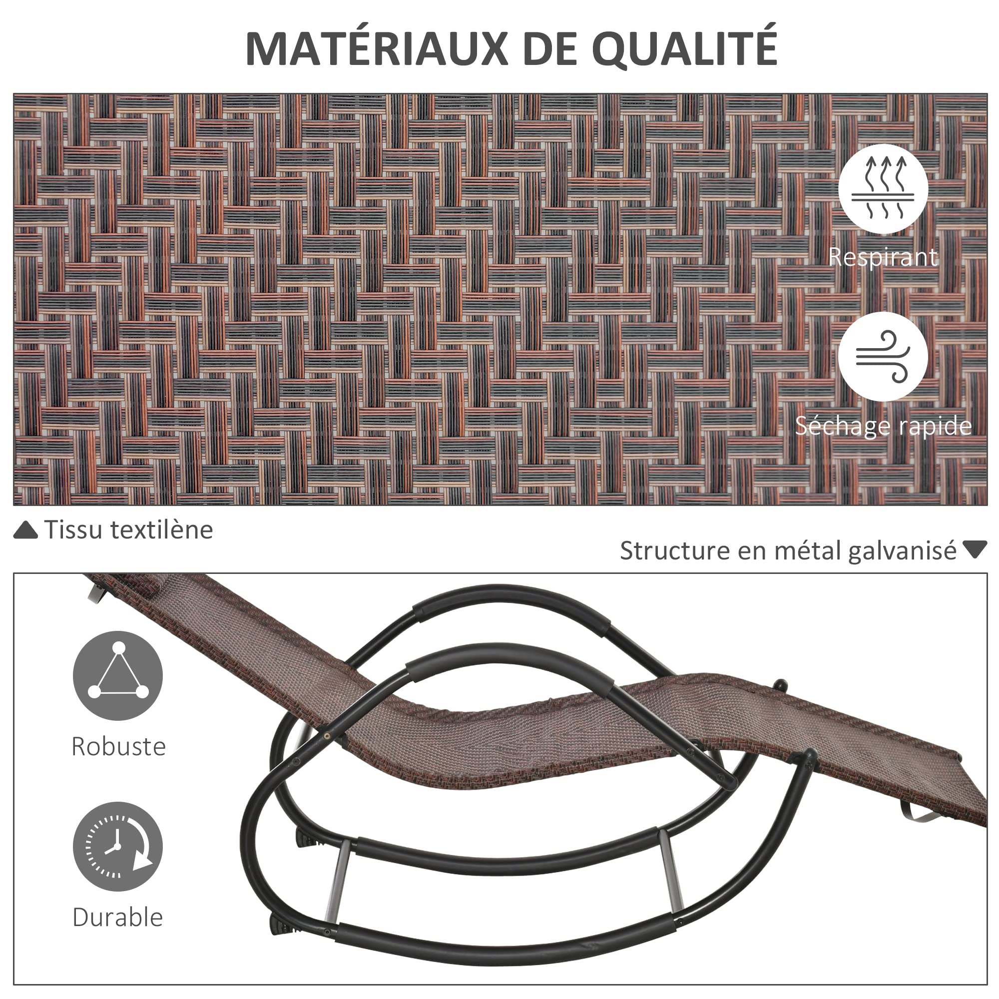 Outsunny Chaise Longue à Bascule Rocking Chair Ergonomique avec tétière Amovible accoudoirs et Repose-Pieds revêtement texitlène Imitation rotin métal 60 x 157 x 84 cm Brun