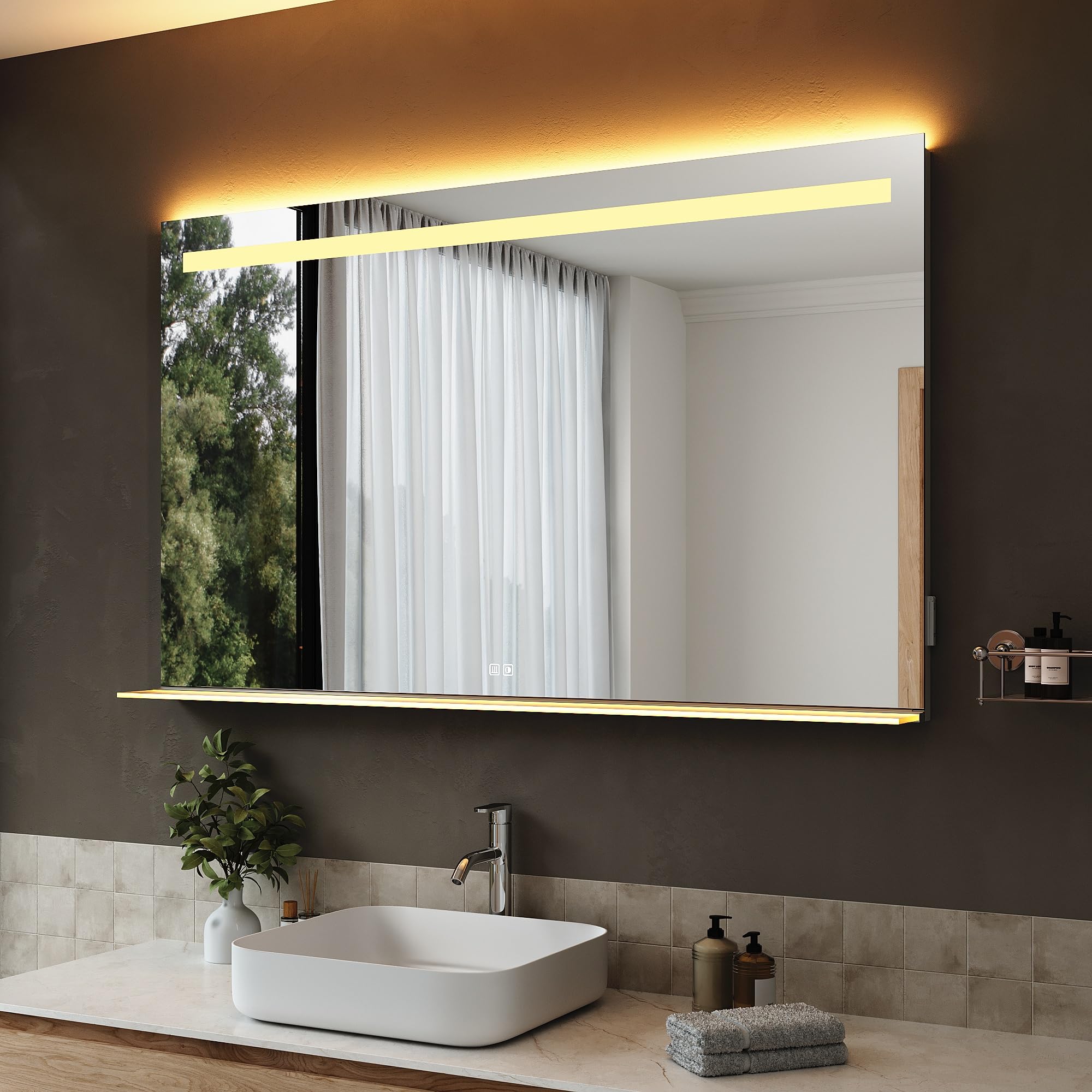 Miroir LED salle de bain 120x75cm SIRHONA anti-buée avec étagère et prise intégrée