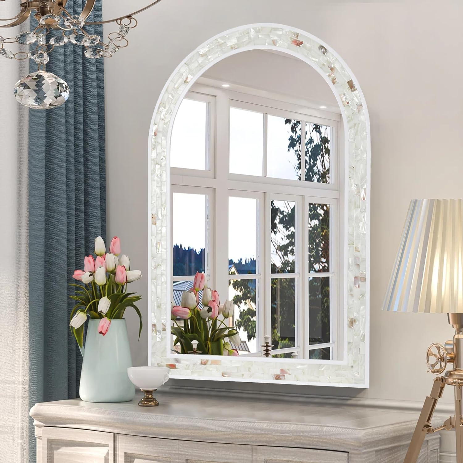 Tanmicoshomy Arched Bathroom Mirror 20x30 Inches, Natural Shell and White Wood Framed Mirrors with Tempered Glass for Bathroom Living Room Bedroom or Entryway