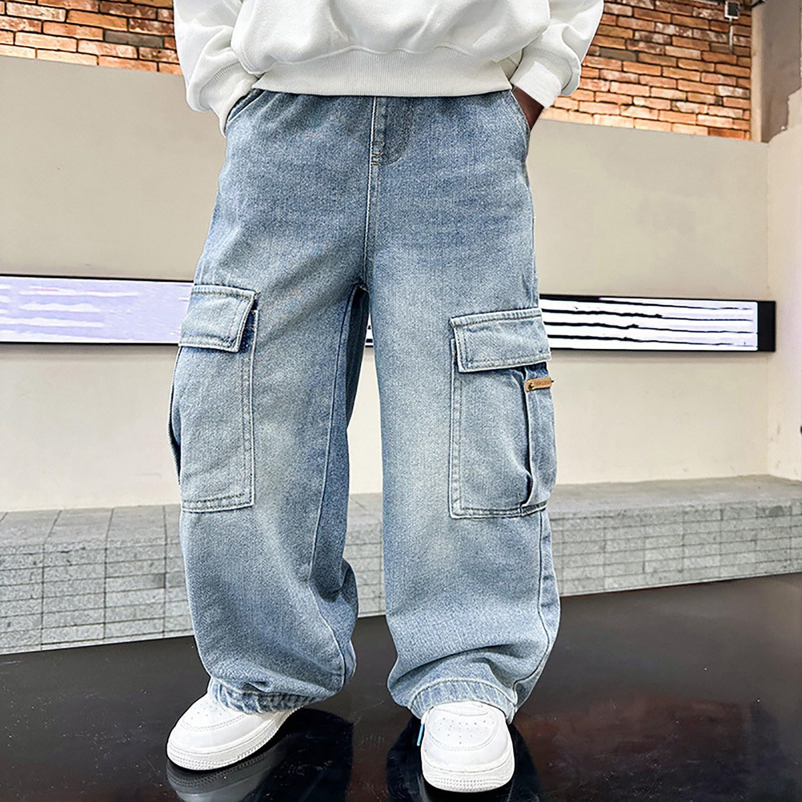 Baggy Jeans pour Garçons avec Ceinture Élastique Pantalons Garçon en Denim Hip Hop Y2K Streetwear Printemps pour Enfants Jean Baggy Garcon Pantalon Cargo Décontracté Large