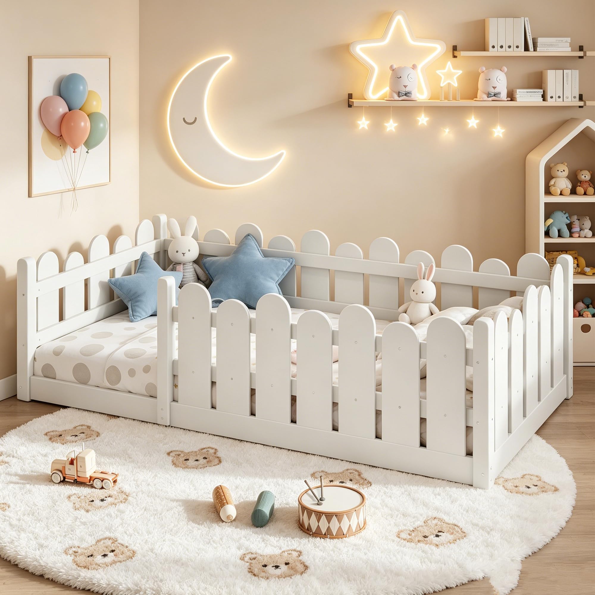 Bellemave Twin Montessori Floor Bed with Rounded Safety Guardrail,White