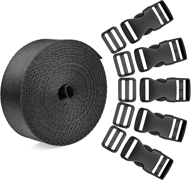 WXJ13 15 Set 1 Inch Side Release Buckles Clips Plastic Strap Buckles with 1 Roll 5 Yards Nylon Webbing Strap, Quick Flat Tri-Glide Slides Buckle for Sewing, DIY Making Luggage Strap Back