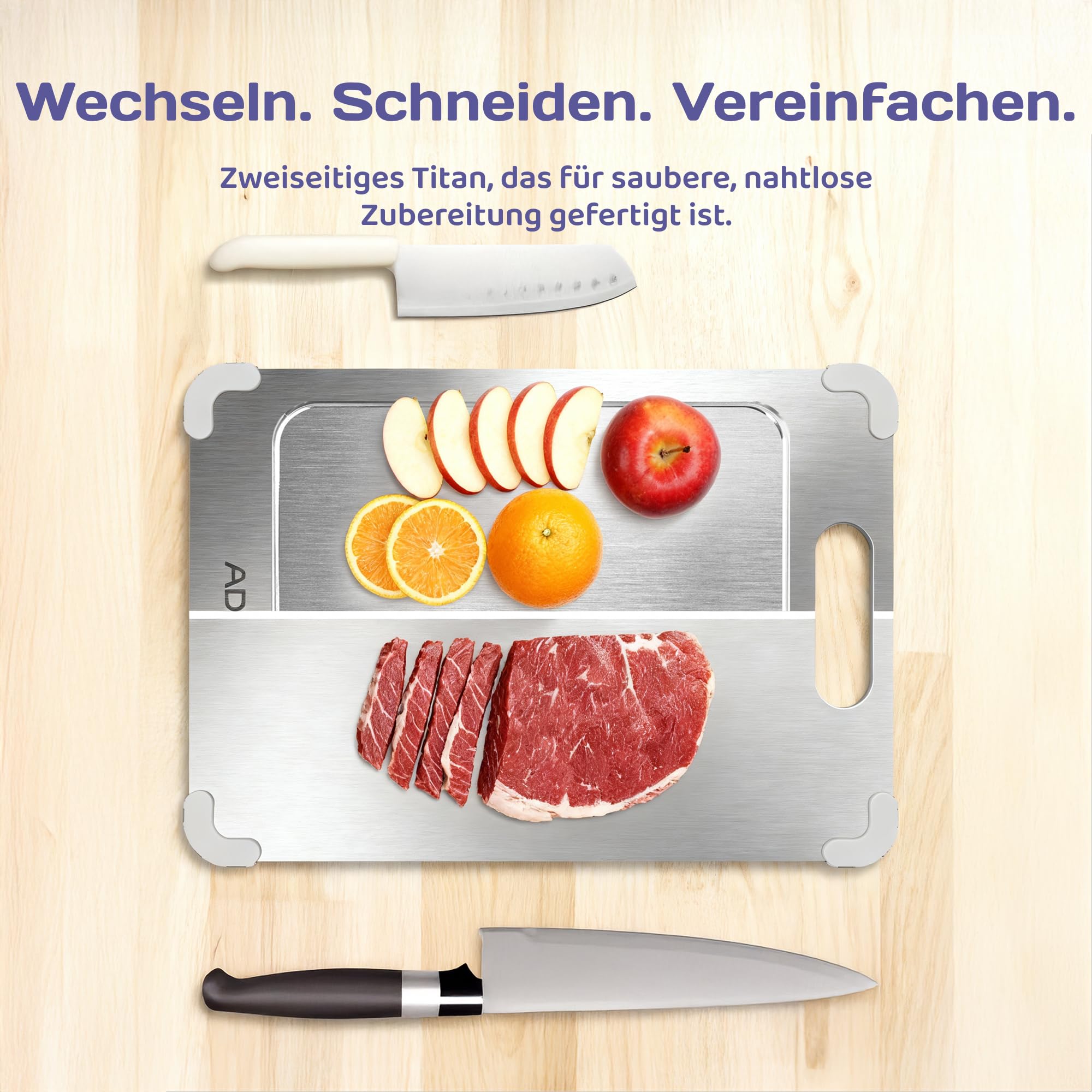 adivo 100% Reines Titan-Schneidebrett, beidseitig nutzbar, ultradünn & leicht, antibakteriell, einfach zu reinigen, rostfrei, 39×28×0,15 cm, Silikonecken, ideal für Camping & Outdoor