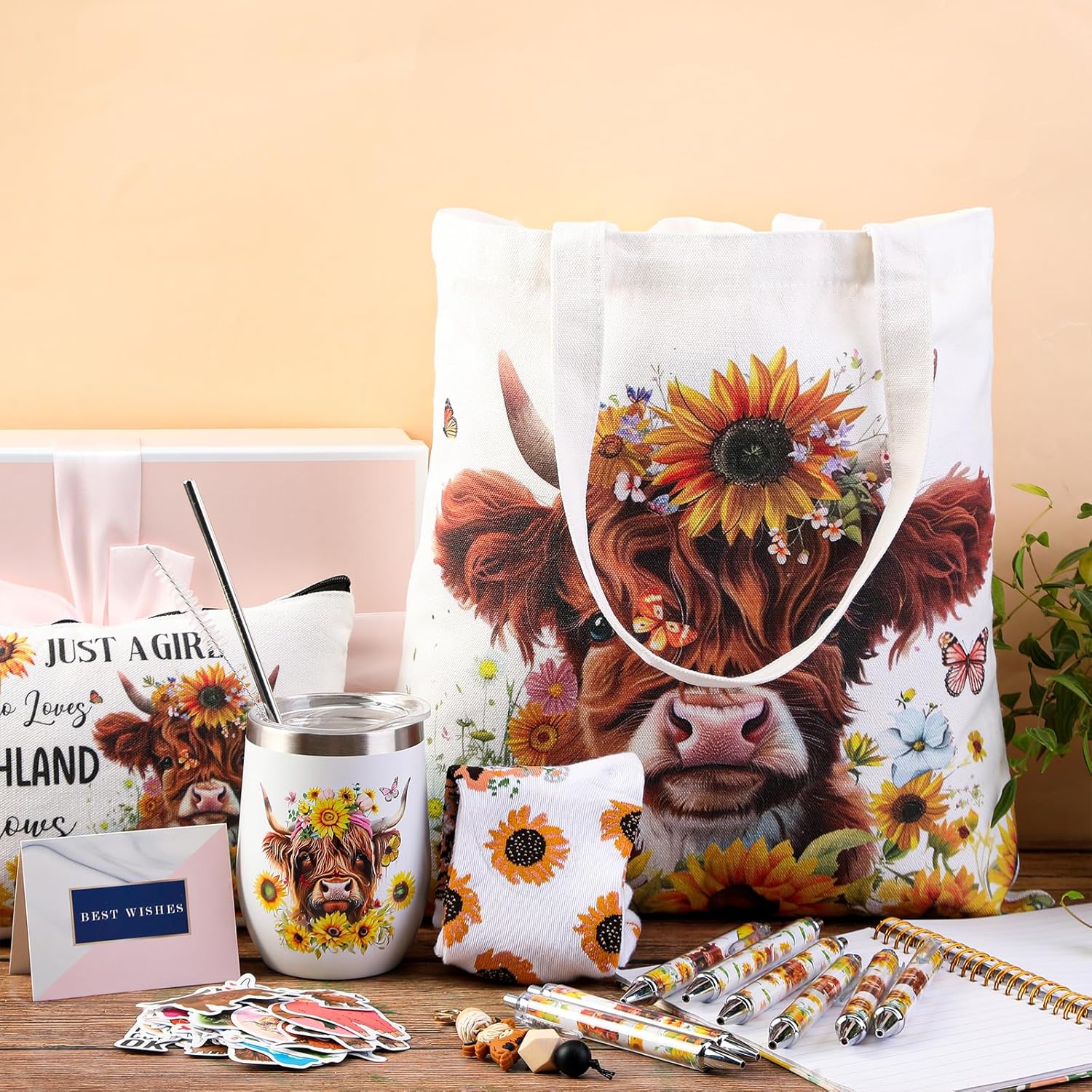 Aliceset 66 Pcs Highland Cow Gift Set for Women Include Highland Cow Print Bag Cosmetic Bag 20 oz Wine Tumbler Stainless Steel Tumbler Cute Socks Keychain Stickers Pen for Farm Animal Lovers - Image 3