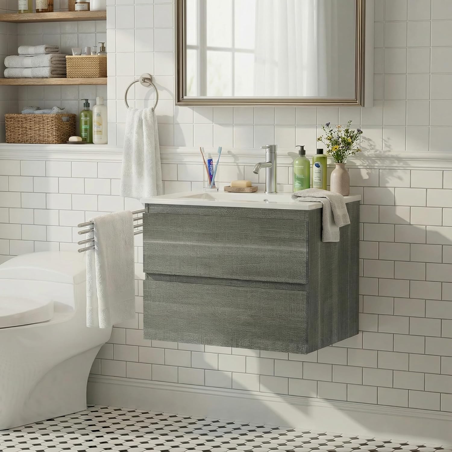 KSWIN 24 Inch Floating Bathroom Vanity with Sink, Modern Wall Mounted Small Bathroom Vanity, 2 Drawer Bathroom Sink Cabinet with Ceramic Sink, Soft Close Slides, Grey