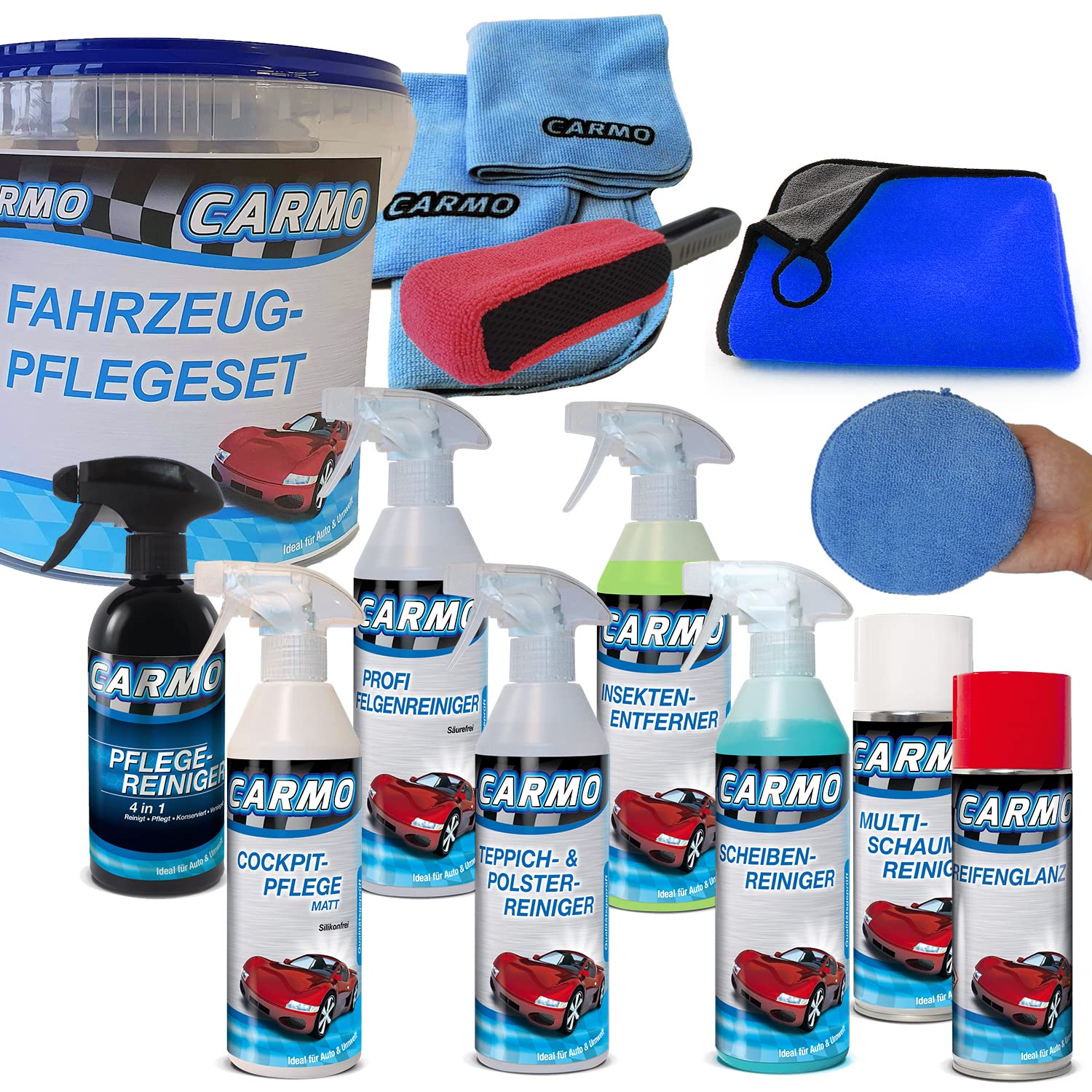 CARMO Autopflegeset Premium | 14-teilig | Außen- und Innenreinigung | Komplettset zur Fahrzeugwäsche | Geschenkset | inkl. Mikrofasertuch | inkl. Aufbewahrungseimer