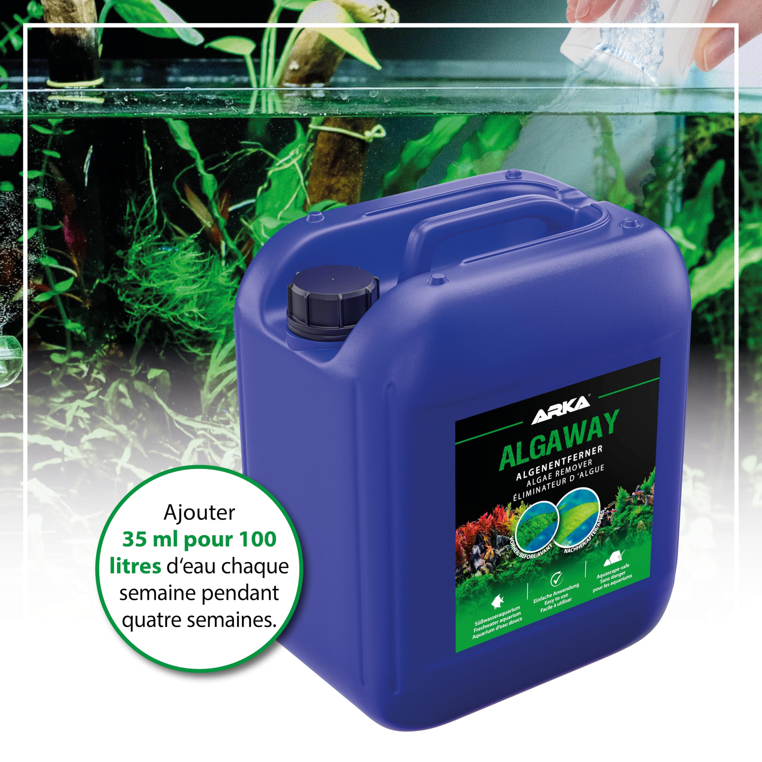 ARKA Algaway Éliminateur d’algues Aquarium 5 L – Traitement Anti-algues filamenteuses, Vertes & encroutantes – sans cuivre, sûr pour Plantes