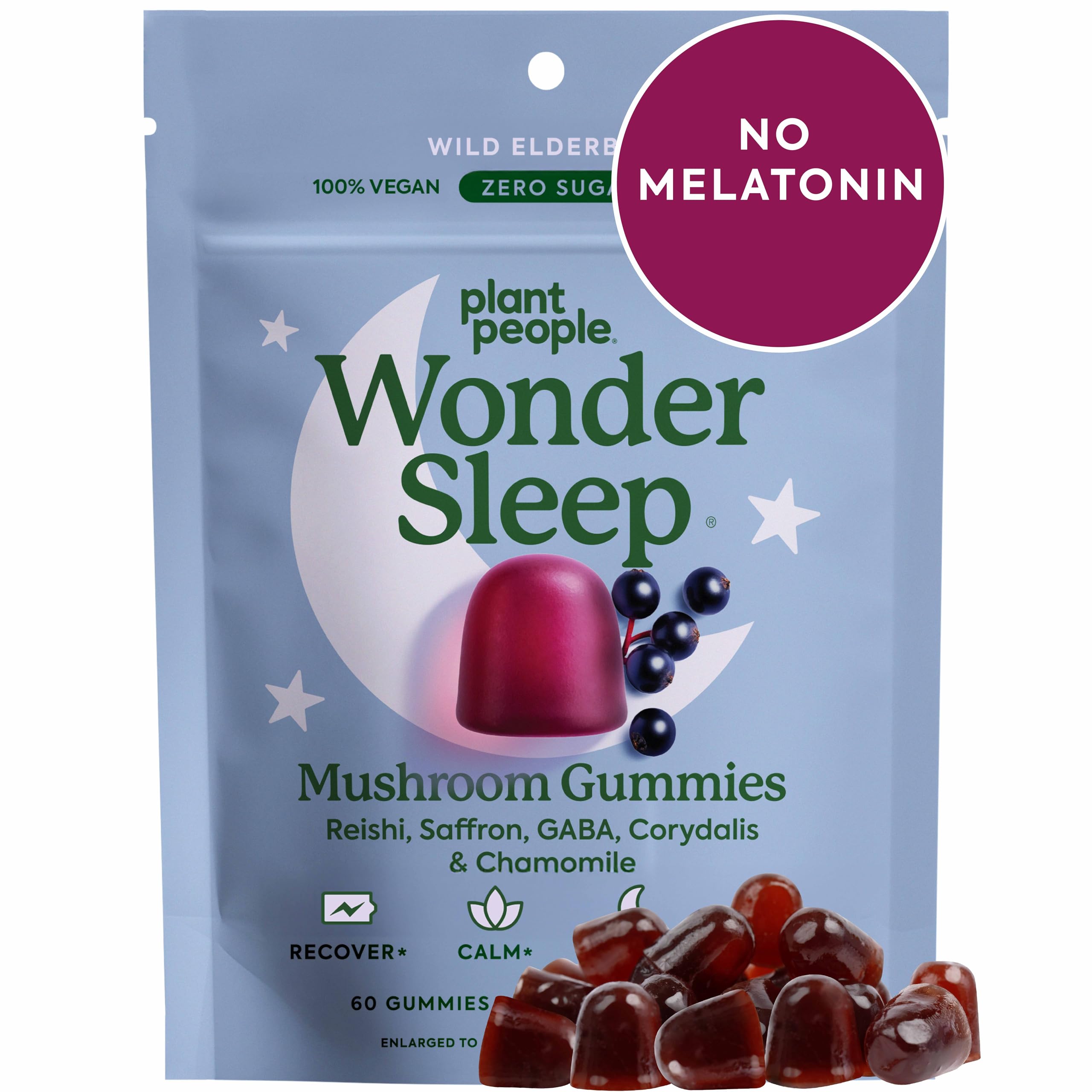 Plant People WonderSleep Mushroom Gummies Supplement for Sleep and Relaxation with Reishi Super Mushrooms, Wild Elderberry Flavor, No Sugar (60 Count)