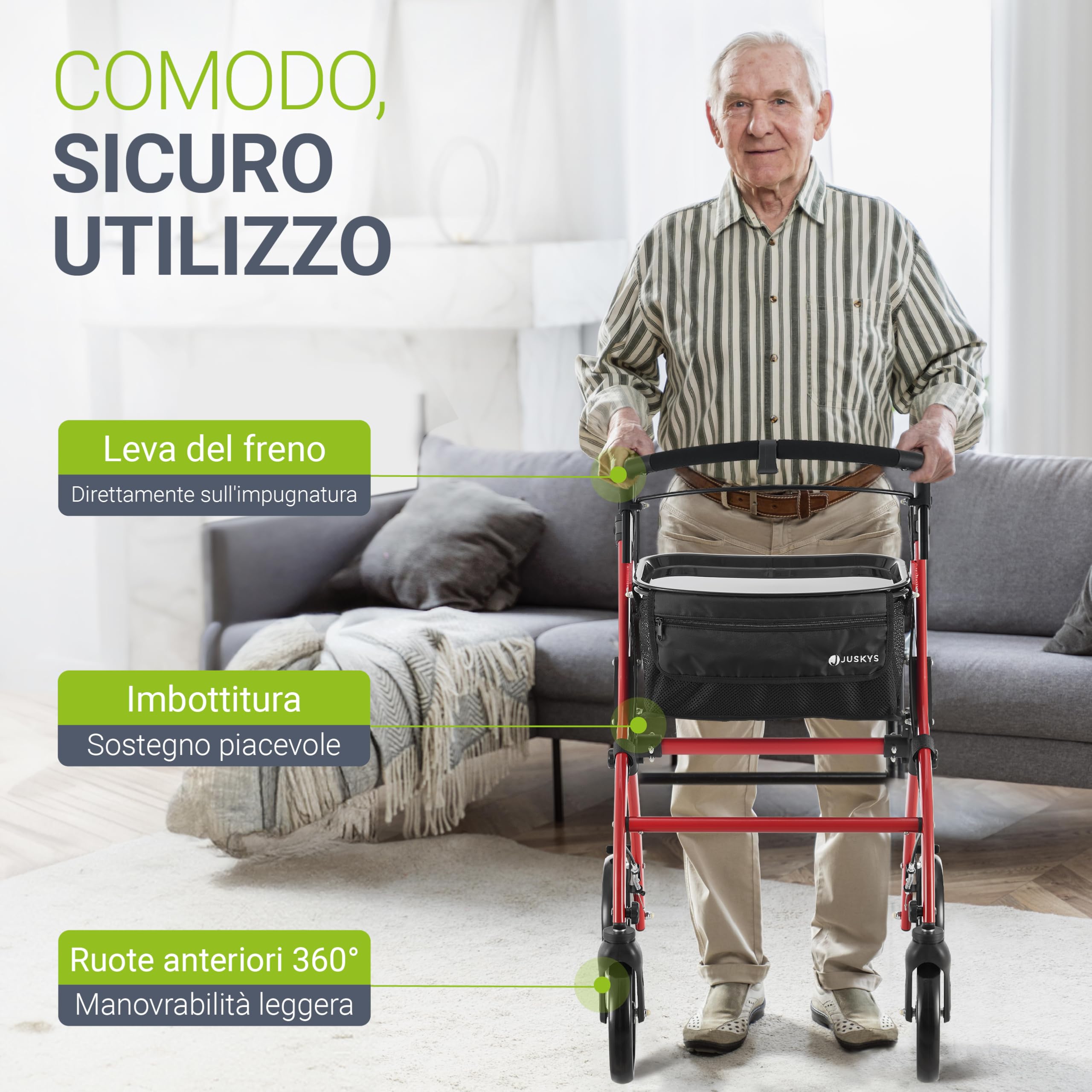 Juskys Deambulatore da Interno in Alluminio con Vassoio & Borsa - Rollator Leggero, Stretto & Pieghevole - Rosso