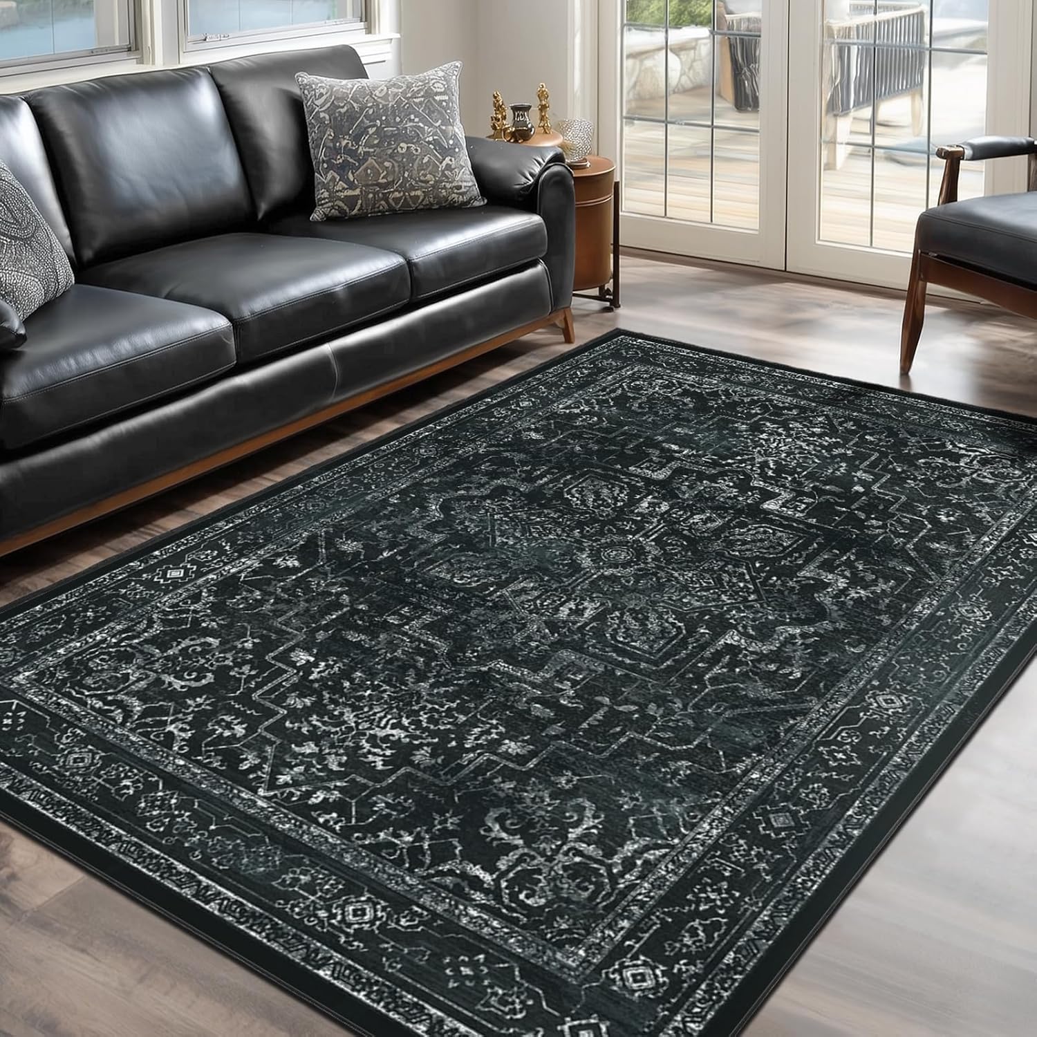 Tapis salon lavable fini les glissades grand modèle vintage bleu