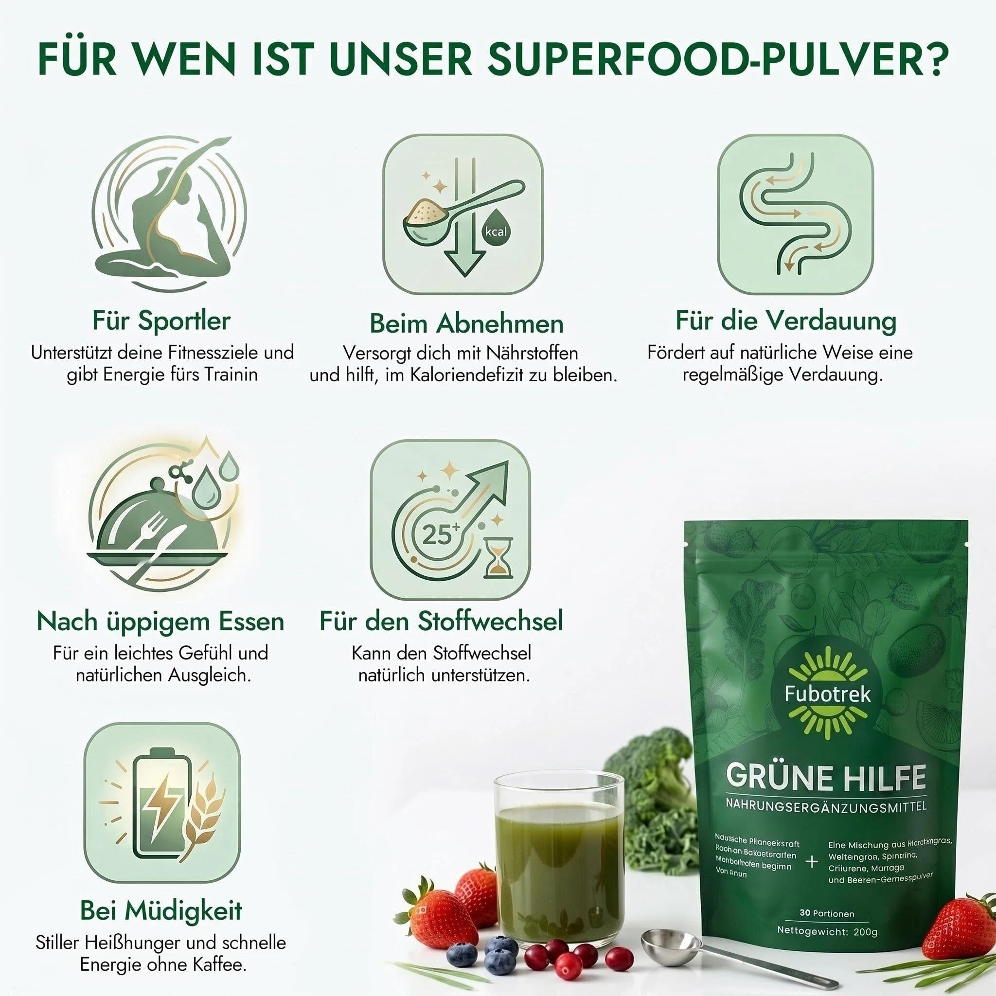 Grüne Entgiftungspulver, 200g Grüne Superfood Pulver Helfer, Greens Pulver mit Matcha Spirulina, Gerstengras, Moringa, Ballaststoffreich & Vegan | Natürliches Pflanzenpulver für Alltag & Ernährung