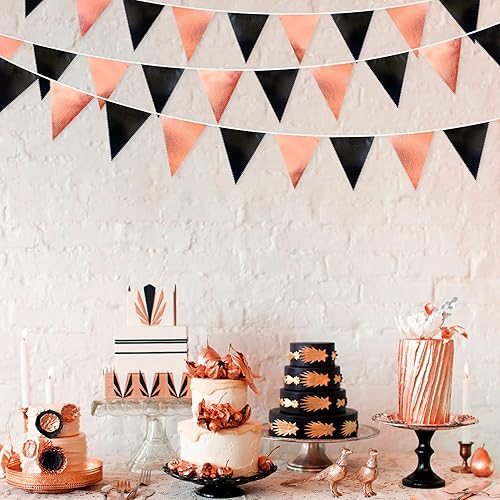 Miniatura 4 de Decoraciones de Fiesta Negro Oro Rosa Banderín Triangular Bandera Negro Oro Rosa Guirnalda de Tela Metalizada para Graduación Cumpleaños Boda