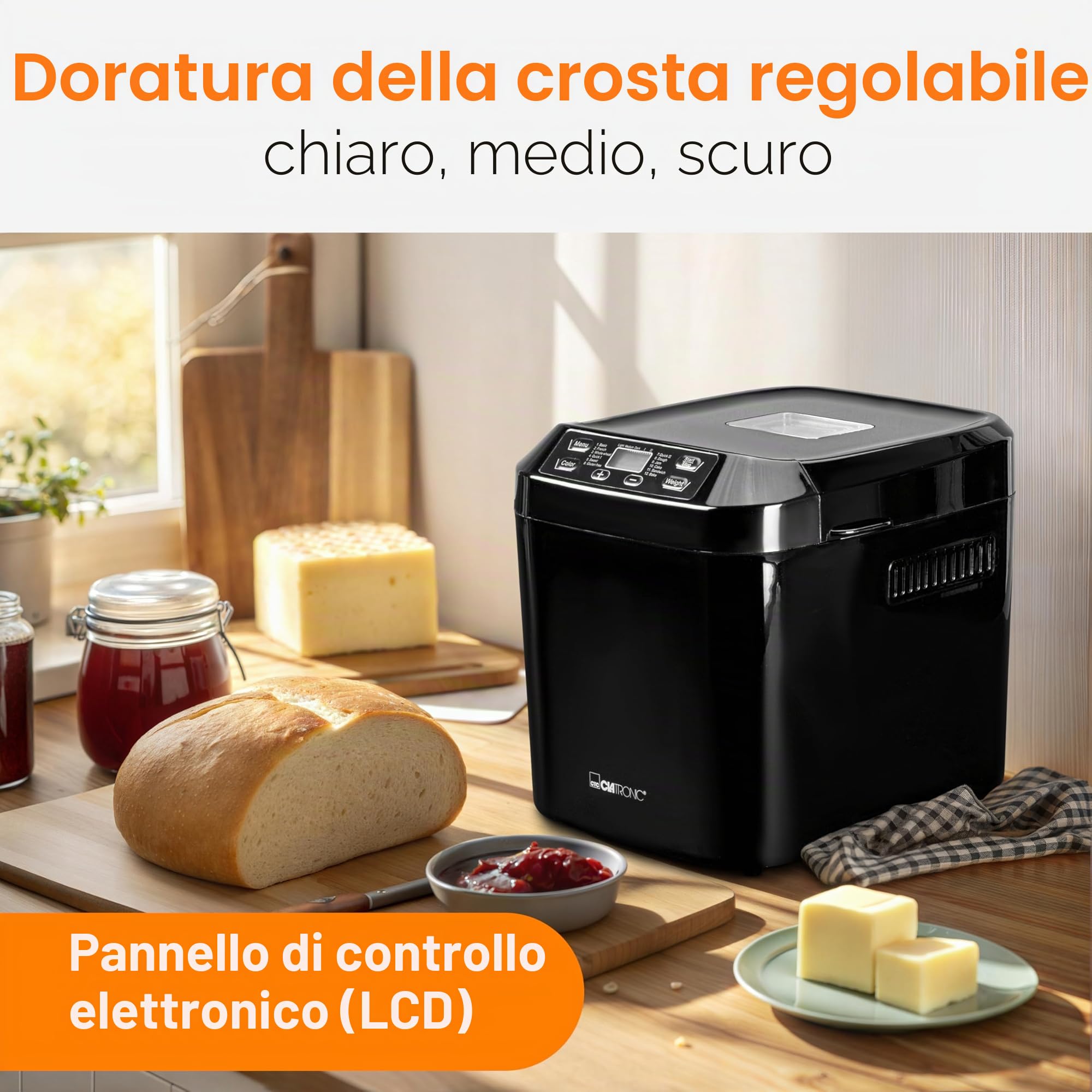 Macchina per il pane Clatronic® | preparazione automatica e funzione di mantenimento in caldo | macchina da forno con timer | facile da usare tramite display | 12 programmi di cottura | BBA 3774