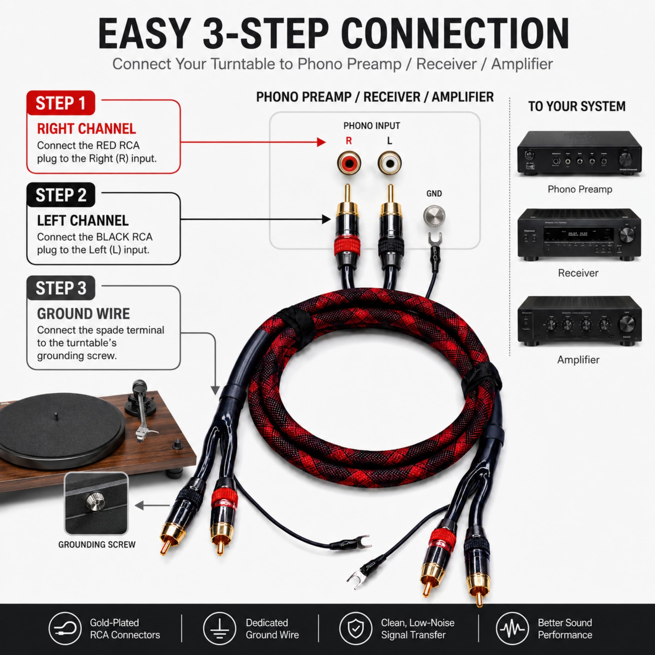 Cavo RCA Phono OFC, cavo di messa a terra, placcato oro, 9 m, per