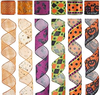 MEEDEE Halloween Ribbon Wired 2.5 Inch 6 Rolls 36 Yards Wired Halloween Ribbon for Wreaths Black and Orange Ribbon Orange Buffalo Plaid Ribbon Pumpkin Ribbon Halloween Wired Ribbon for Wreaths