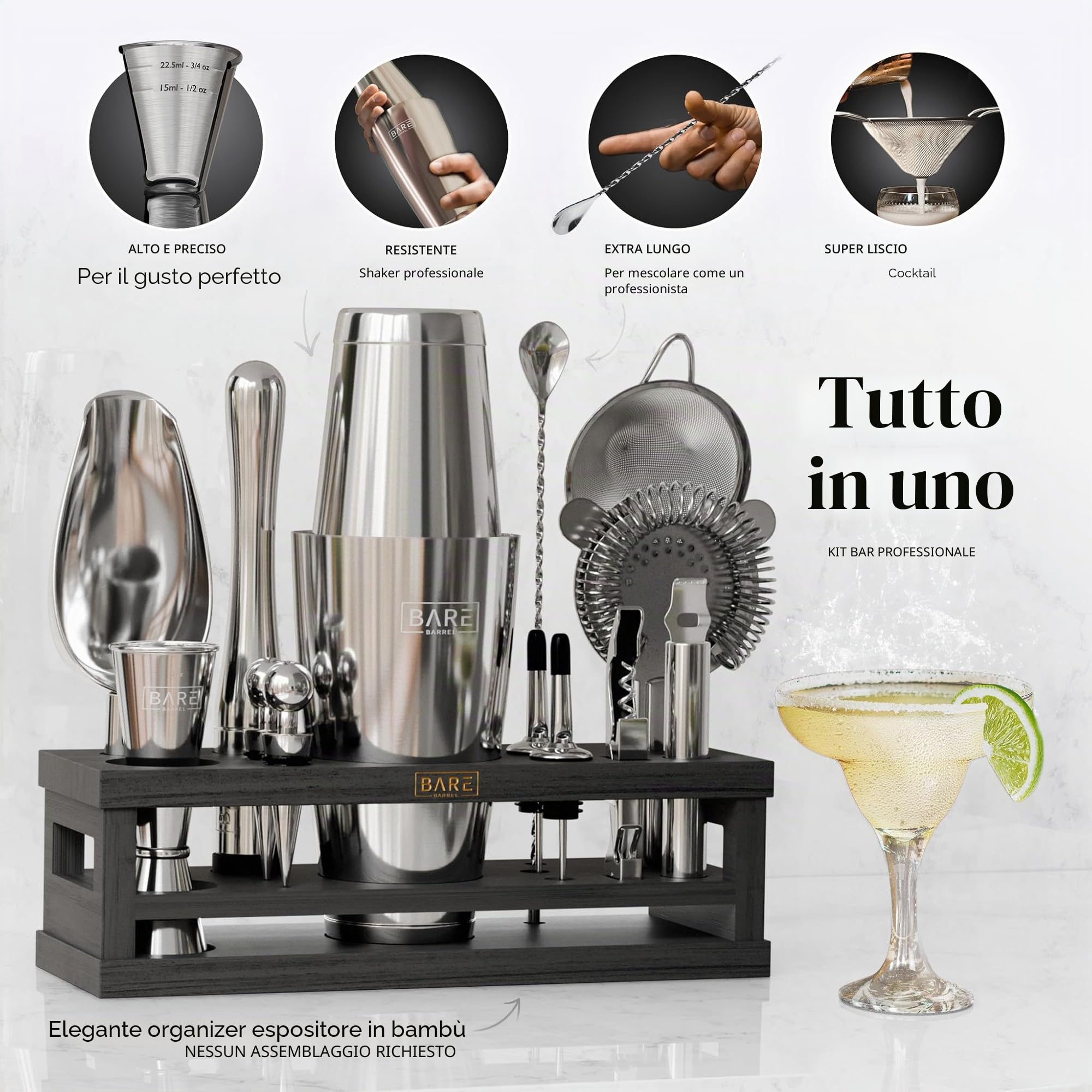BARE BARREL Kit per la preparazione di cocktail, kit da barista da 16 pezzi, shaker per cocktail, espositore in bambù e 35 biglietti di ricette, set regalo per cocktail mixology (shaker Boston da 800
