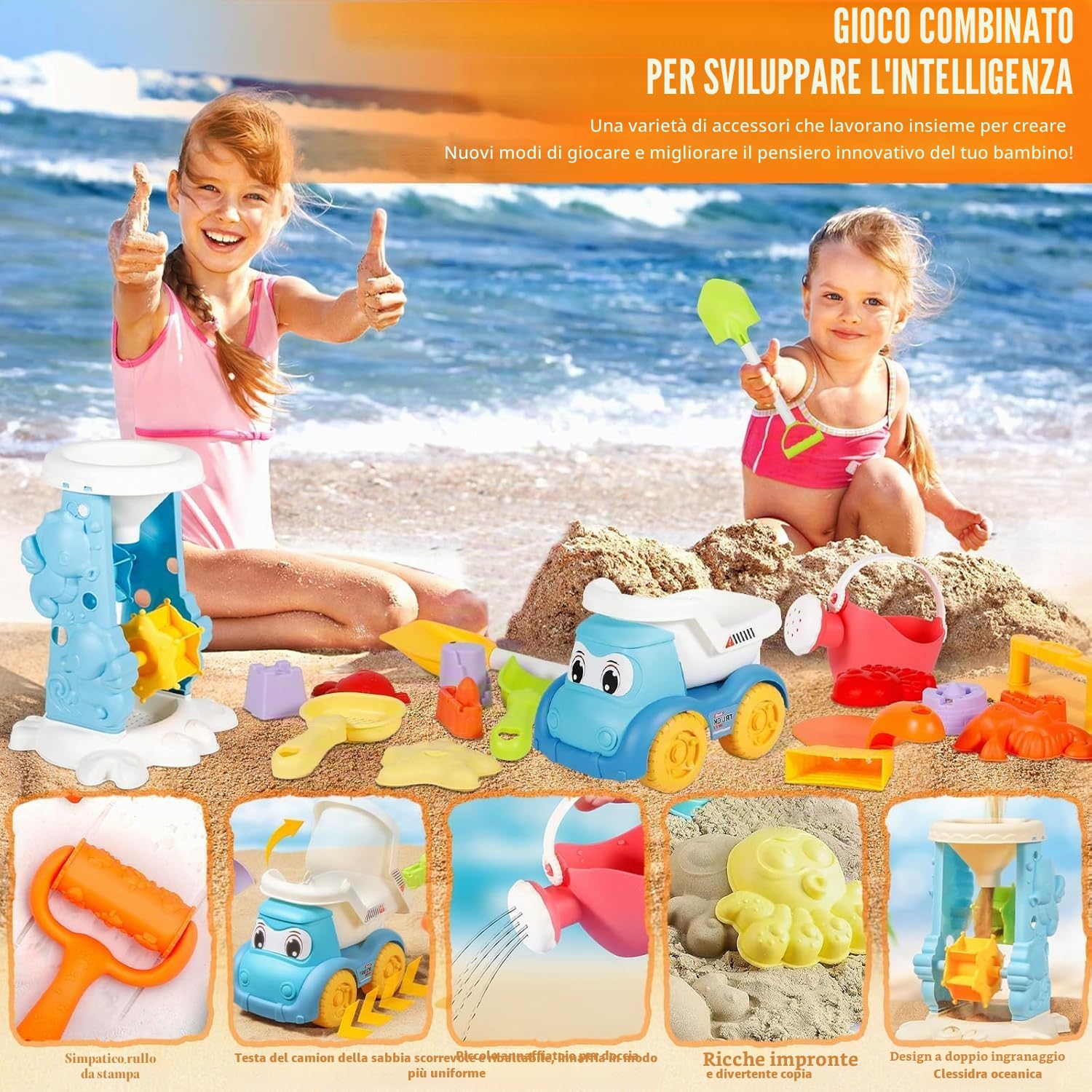 Giocattoli da Spiaggia, 30 Pezzi Spiaggia di Sabbia Giocattoli con Borsa a Rete, Secchiello, Secchiello Spiaggia, Acqua Ruota, Stampi, Giochi Spiaggia Bambini per attività All'aperto Bambini