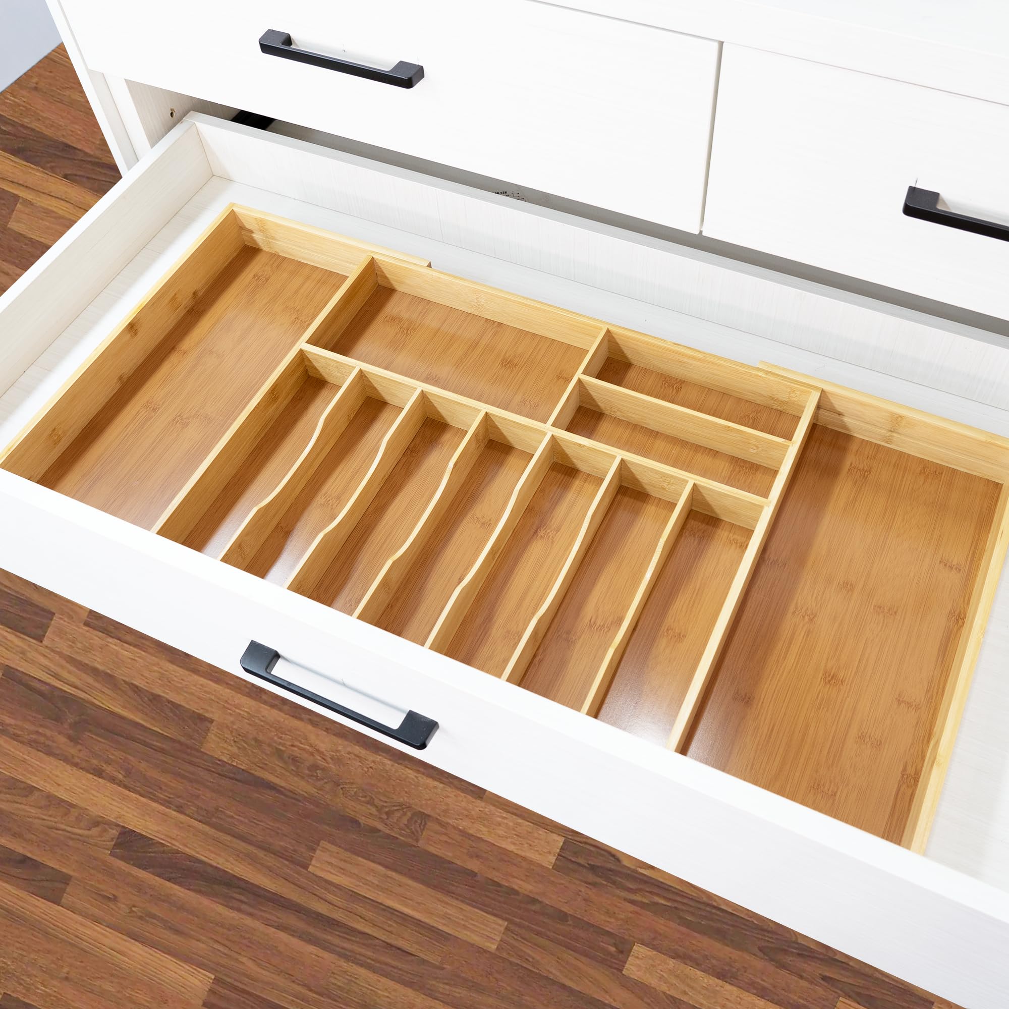 VaeFae portaposate da cassetto, estensibile con blocco per coltelli | Larghezza estensibile da 52,3 a 89 cm, 12 scomparti, per cucina, in bambù, facile da pulire