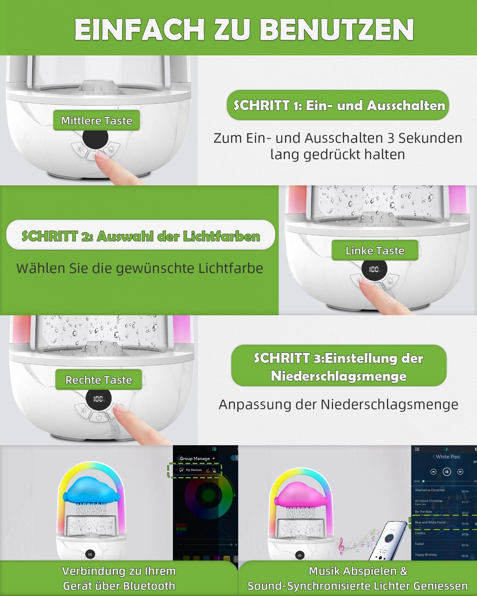 Regenwolken Luftbefeuchter Mit Regenbogenlicht, Weljoy Humidifier Mit Exklusive APP, Luftbefeuchter Schlafzimmer Mit Marmortextur & 7 Farben LED-Lichtern, Raumbefeuchter Für Schlafen/Entspannung