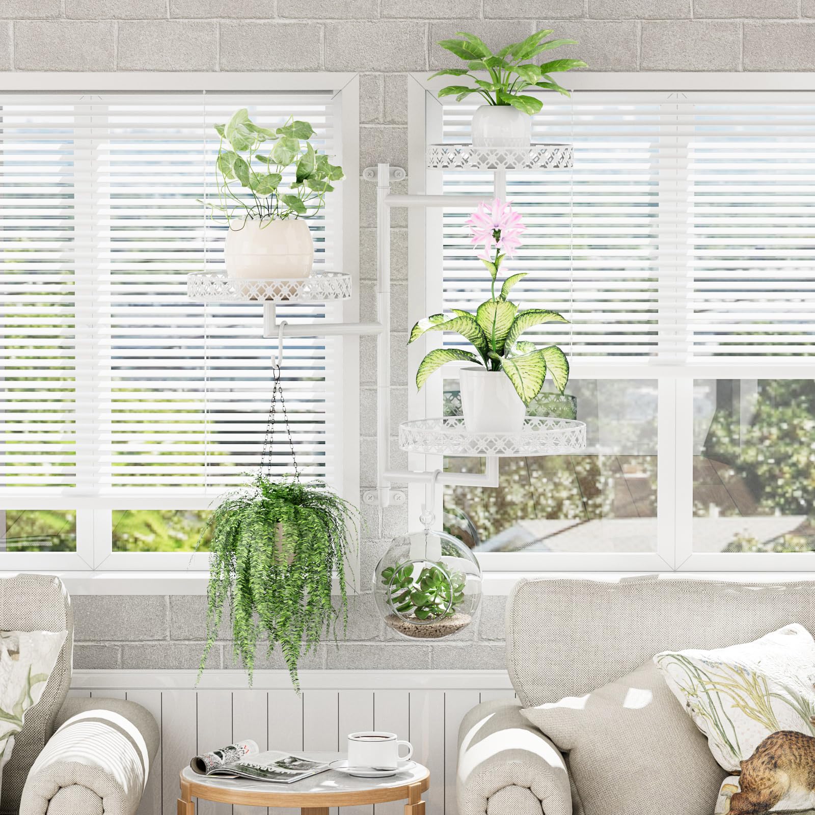 OVICAR Drehbare Fenster-Pflanzenregale – Innenwand-Pflanzenständer, 3-stöckig, Blumenmuster, Metall-Fensterregal, Halter für mehrere Pflanzen mit Aufhängehaken, Heimdekoration, Weiß