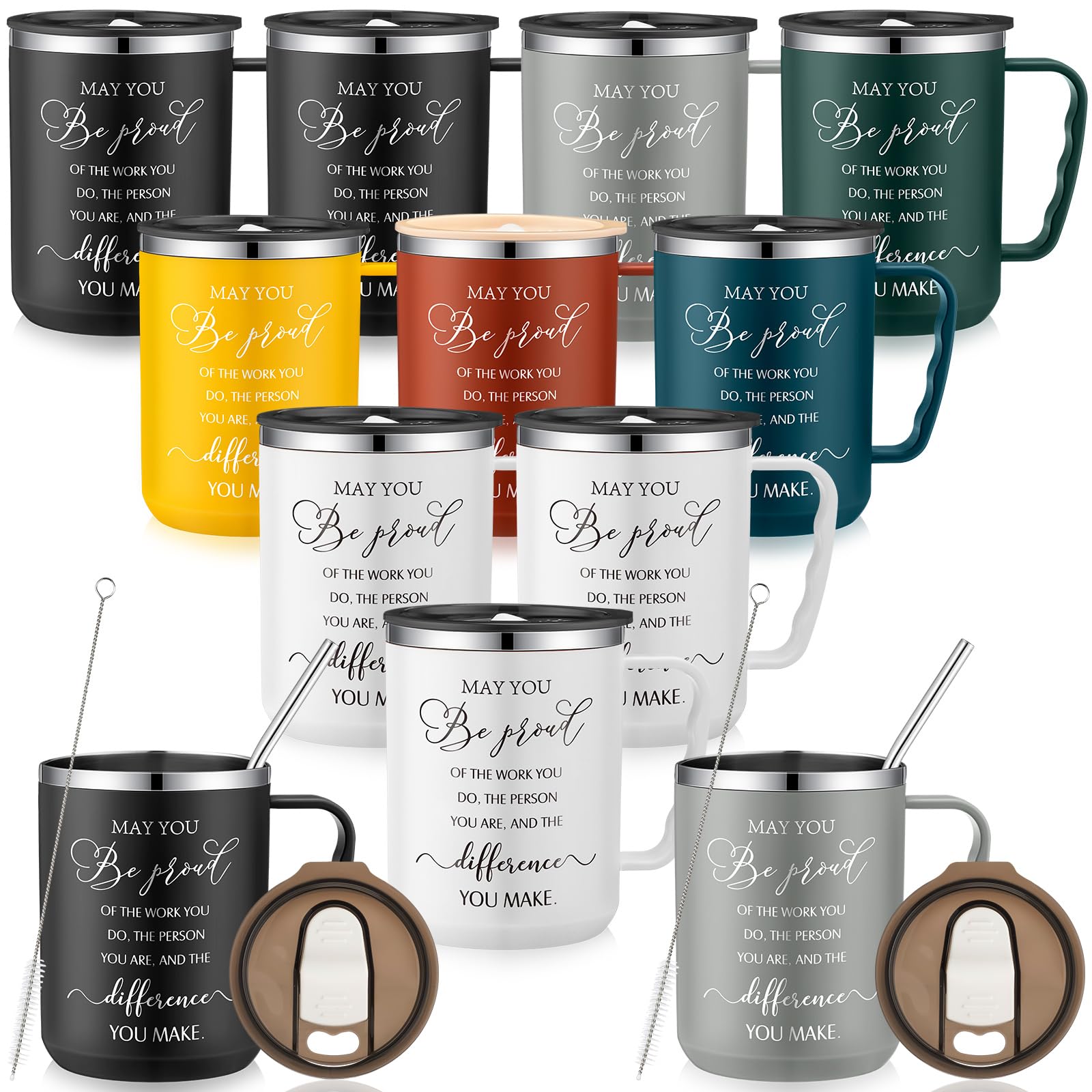 Lallisa 12 Pcs Employee Appreciation Gifts Bulk 17 oz Travel Coffee Mug with Lid Handle for Women Thank You Gifts Stainless Steel Tumblers Insulated Mug for Coworker Teacher (Proud)