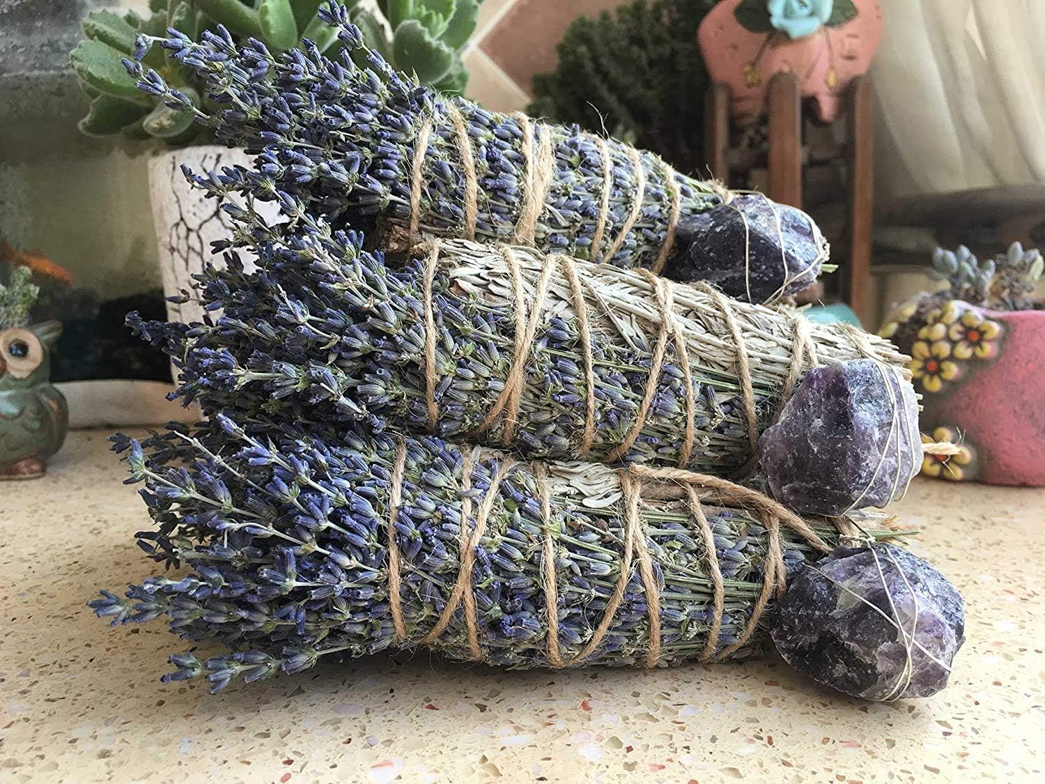 WHG422 Floral Smudge Stick,Lavender，Blue Sage and Amethyst Smudge Bundle 8 Inch
