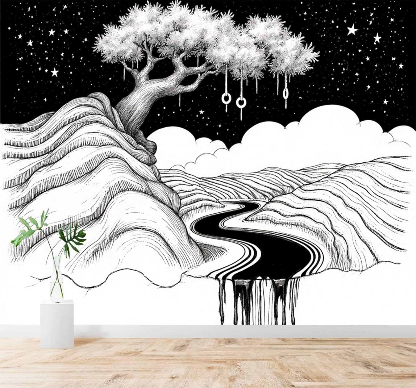 XLMING Black and White Hills Trees Flowing Rivers A Starry Sky 3D Wallpaper Silky Texture Home Study Office Grey Dining Room Sofa Bedroom Living Room TV Backdrop-250cm×170cm