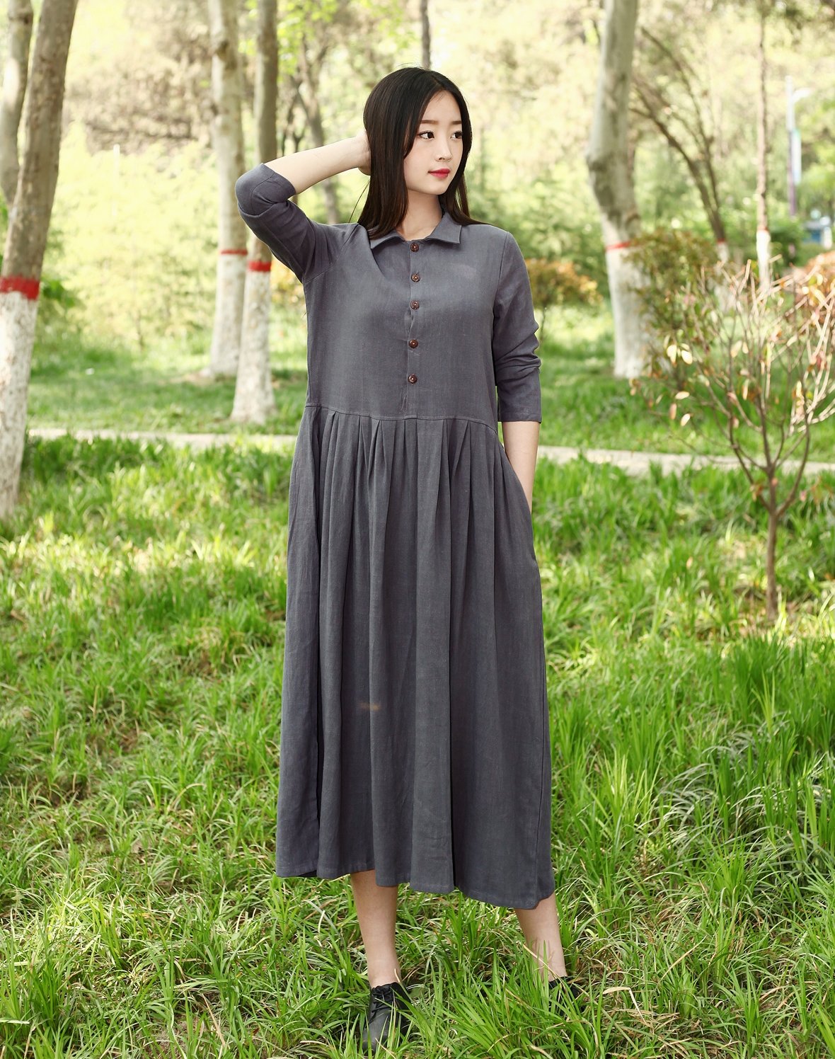 LifeShow Women's Loose Fit Long Sleeve Maxi Dress - Cotton Linen Blend Dress With Pockets For Spring & Fall (Breathable, Casual)