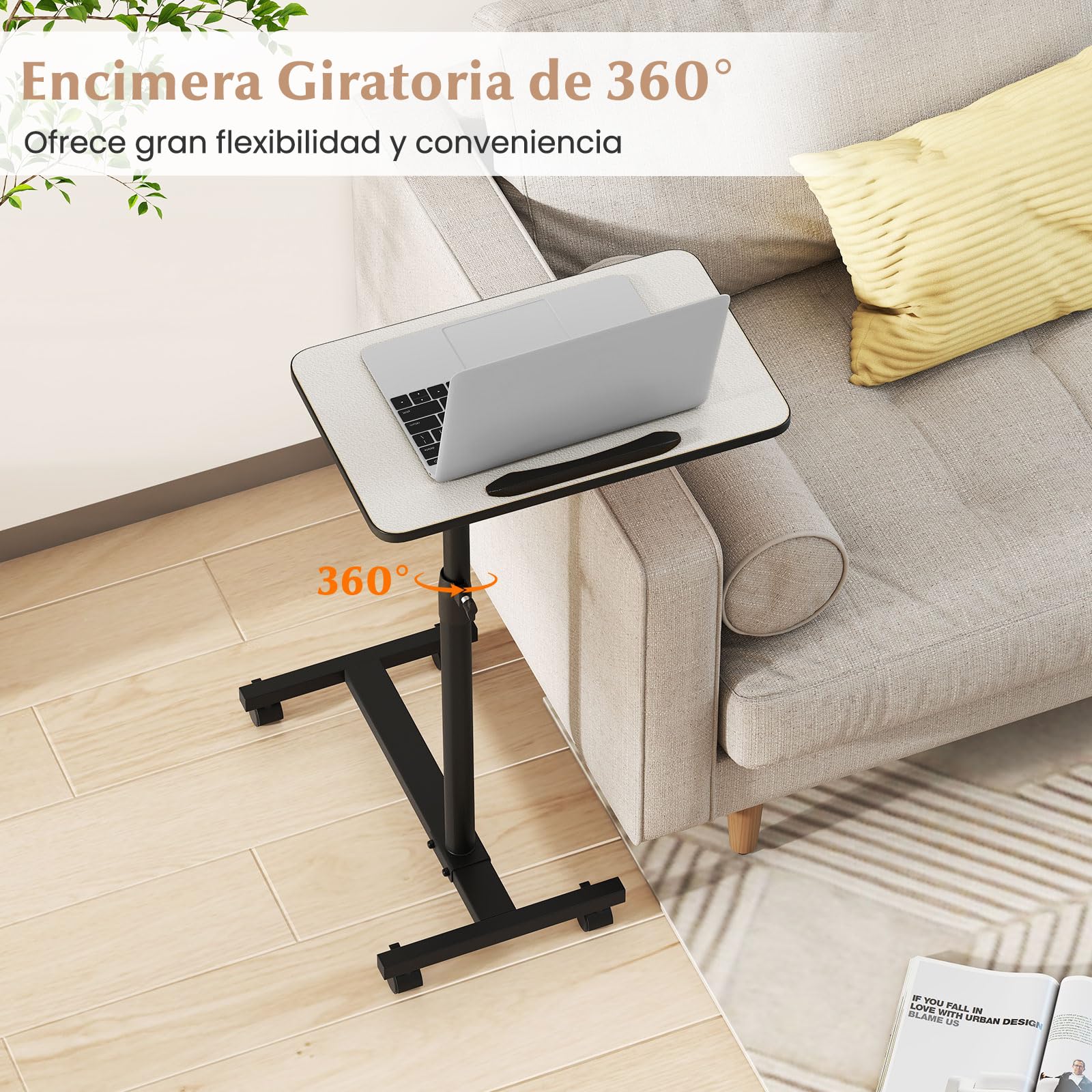 GYMAX Mesa Auxiliar en Forma de C, Mesa Lateral con Ruedas Bloqueables, Altura Ajustable, Encimera Inclinable y Giratoria de 360°, para Cama o Sofá, Sala de Estar, Dormitorio (Gris + Negro)
