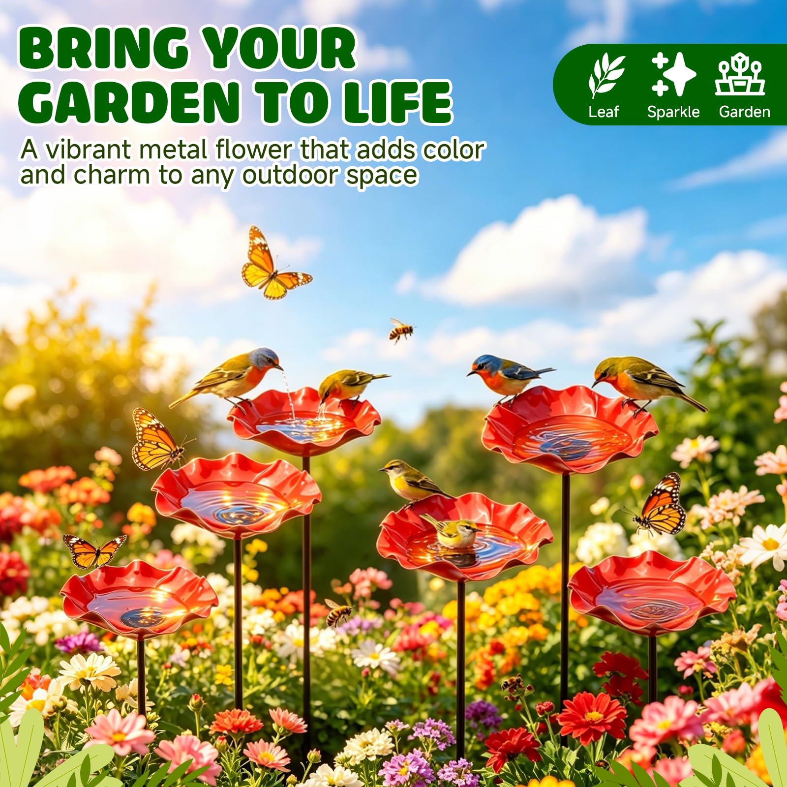 Bain d‘Oiseaux sur Tige en Métal, Abreuvoir à Oiseaux en Forme de Fleur – Fontaine pour Oiseaux Extérieur avec Point d’Eau pour Abeilles – Décor de Jardin Métal Fleur – Hauteur 65 cm